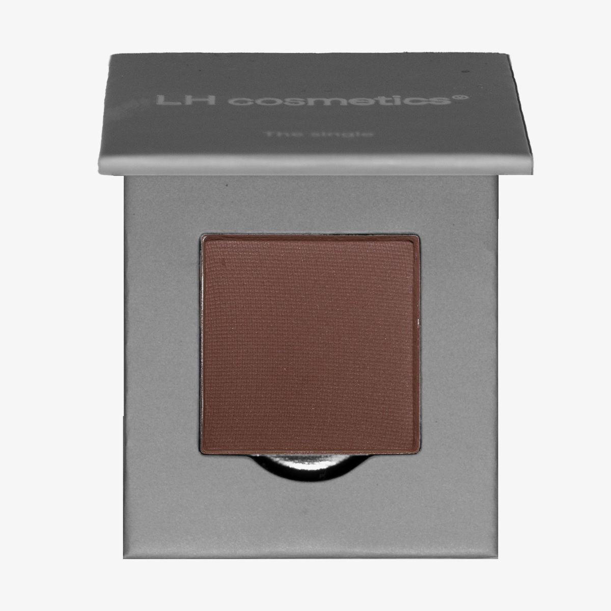 Ein einzelner brauner Puderlidschatten in einer teilweise geöffneten grauen LH Cosmetics "The single"-Dose.