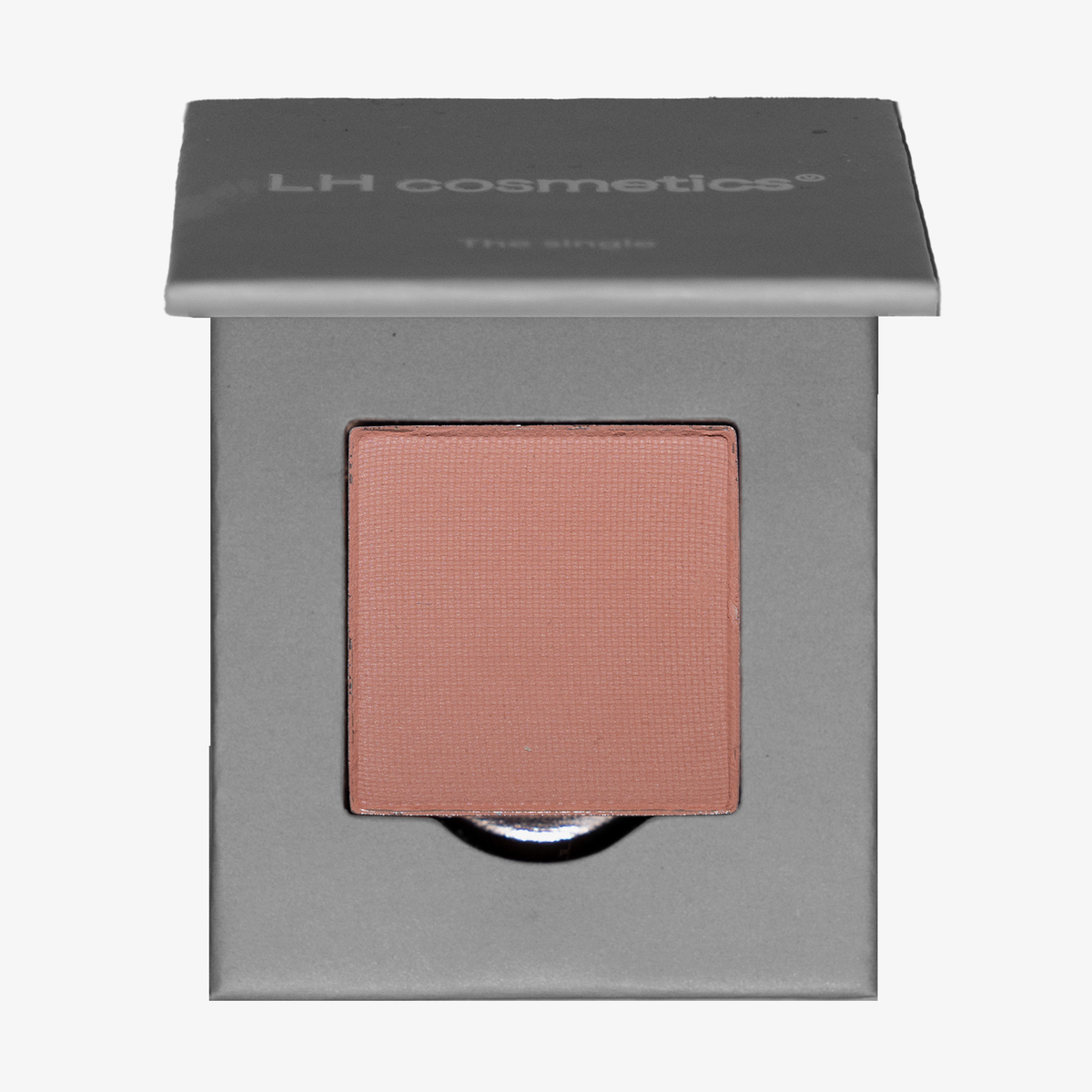 Ein Pfännchen The single peach blush von LH Cosmetics in einer grauen Dose mit teilweise geöffnetem Deckel.