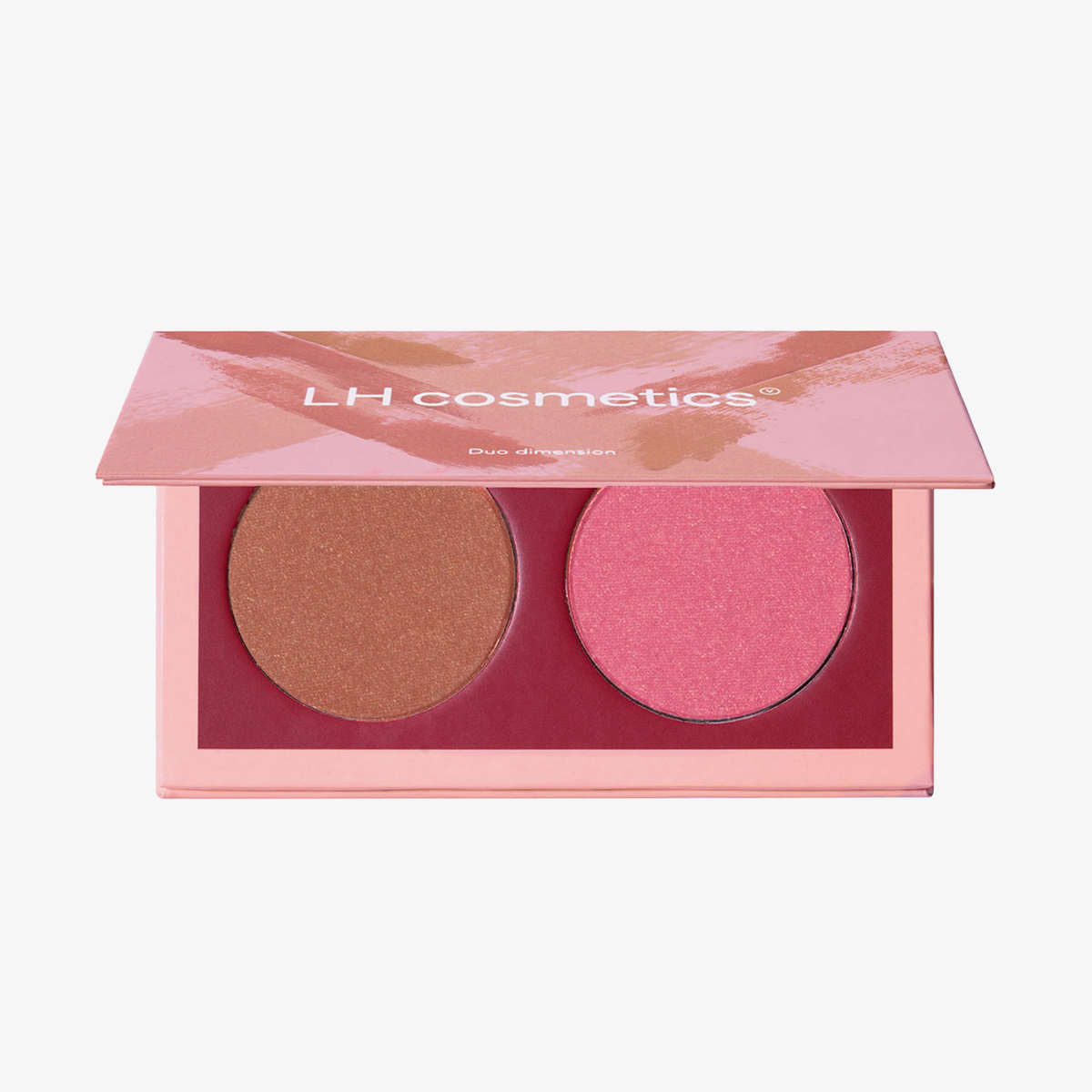 Geöffnete LH Cosmetics Duo Dimension Charming Palette mit einem bronzenen und einem rosaroten schimmernden Farbton auf weißem Hintergrund.