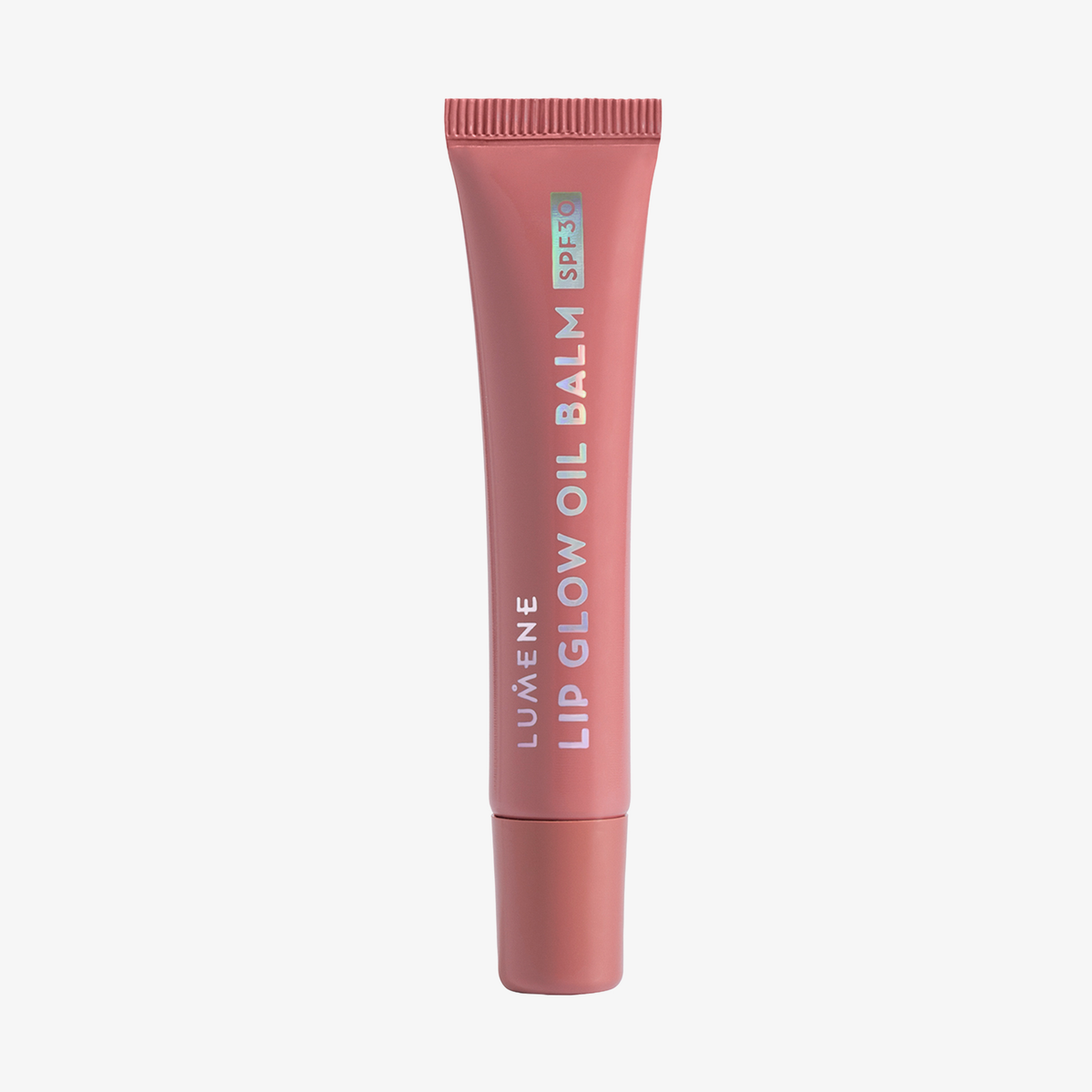 Eine rosefarbene Tube Lumene Lip Glow Oil Balm SPF30 in 1 Fudge steht aufrecht vor einem weißen Hintergrund.