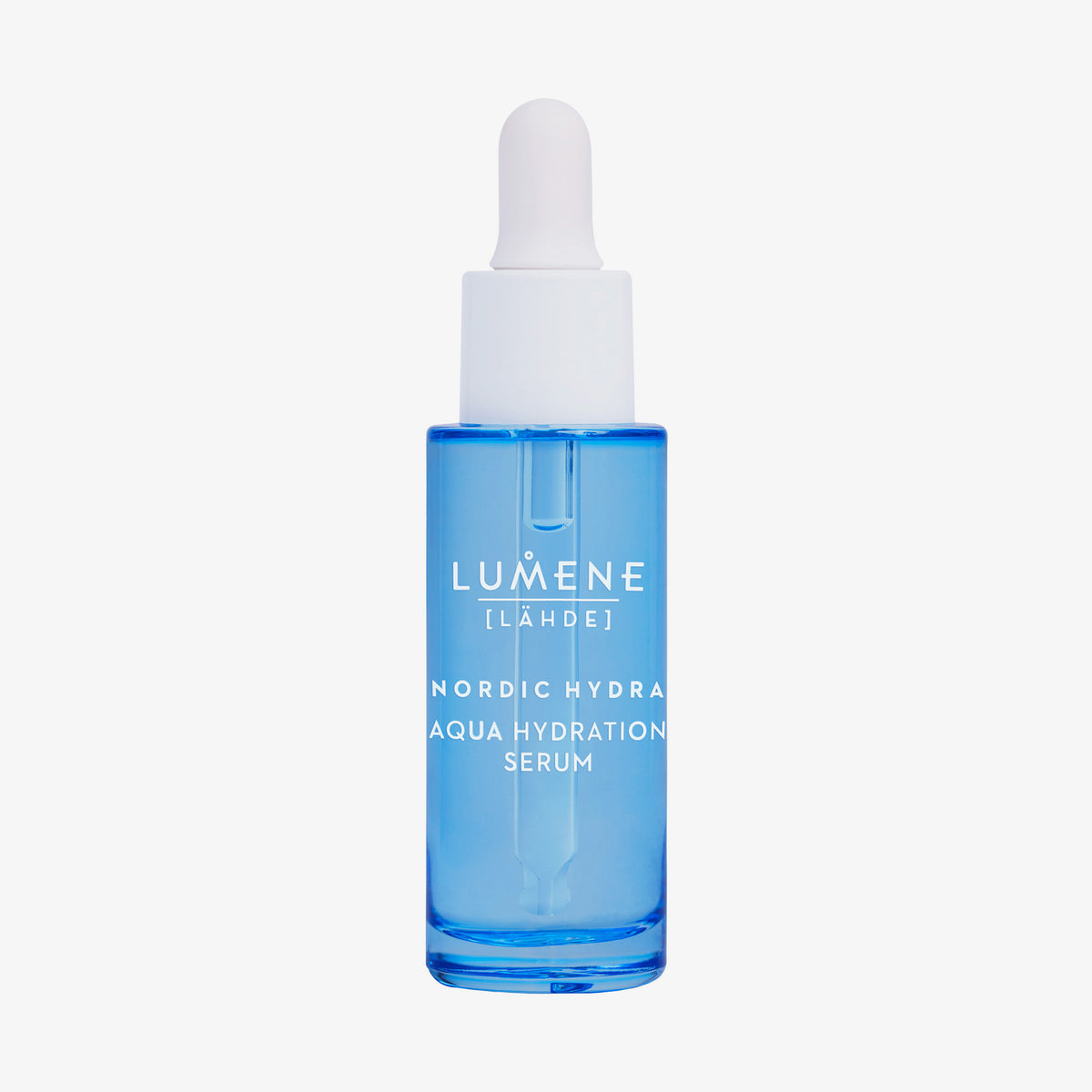 Eine blaue Flasche Lumene Nordic Hydra [LÄHDE] Aqua Hydration Serum mit einem weißen Tropfverschluss.