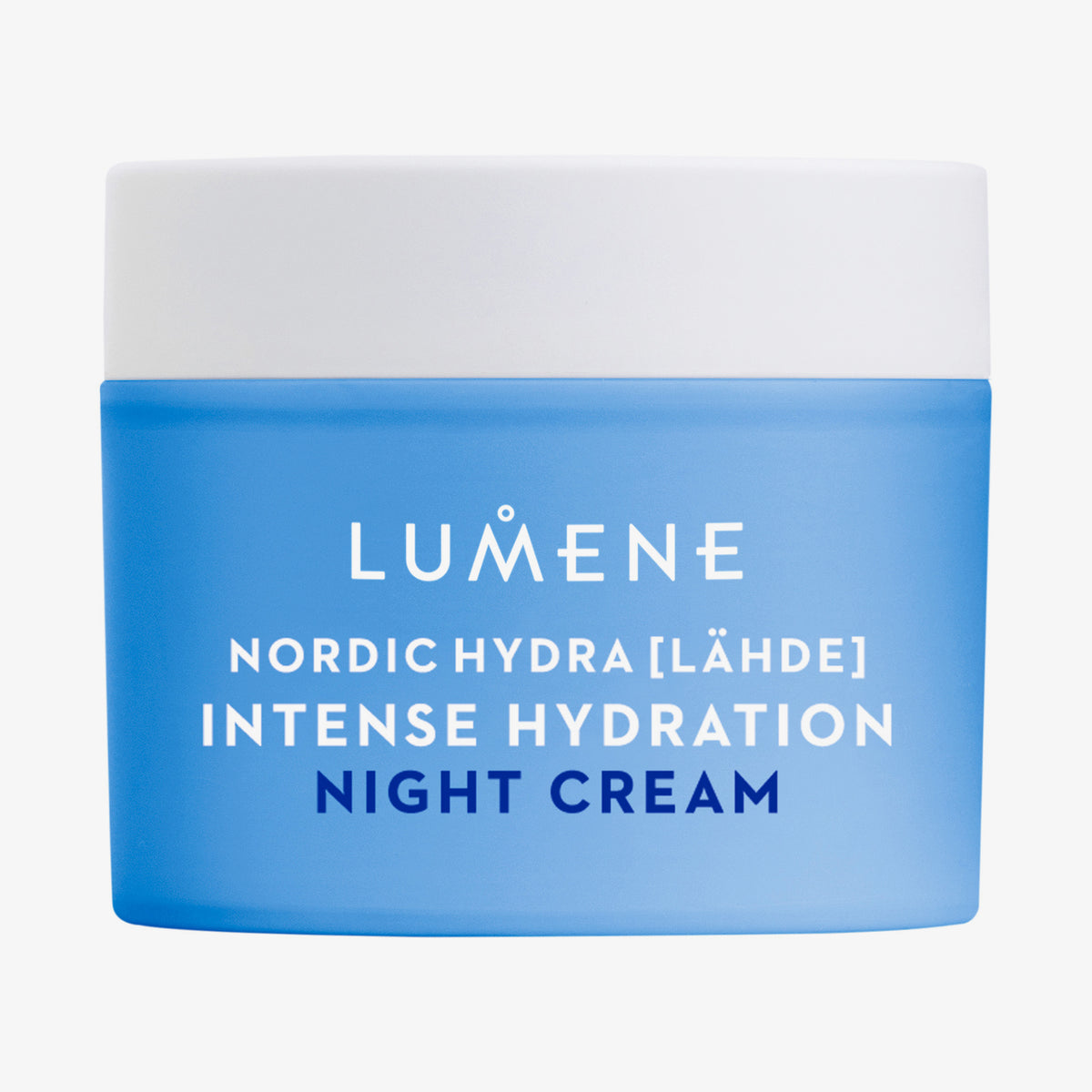 Blauer Tiegel der Lumene Nordic Hydra [LÄHDE] Intense Hydration Night Cream mit weißem Deckel, dargestellt auf weißem Hintergrund.