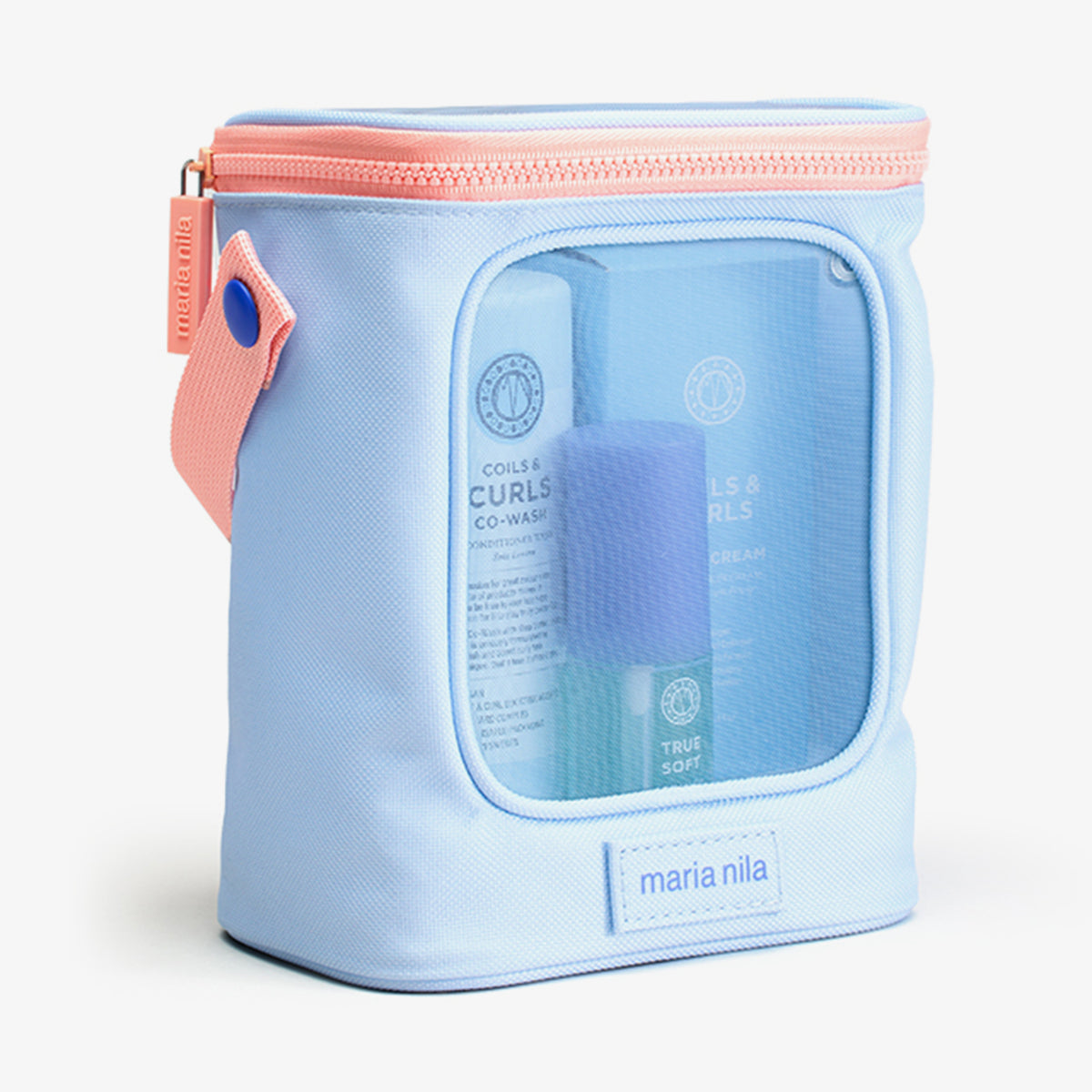 Eckige blaue Coils & Curls Beauty Bag 2025 mit Meshfenster enthält  Coils & Curls Co-Wash, Oil In Cream und Argan Oil von Maria Nila.
