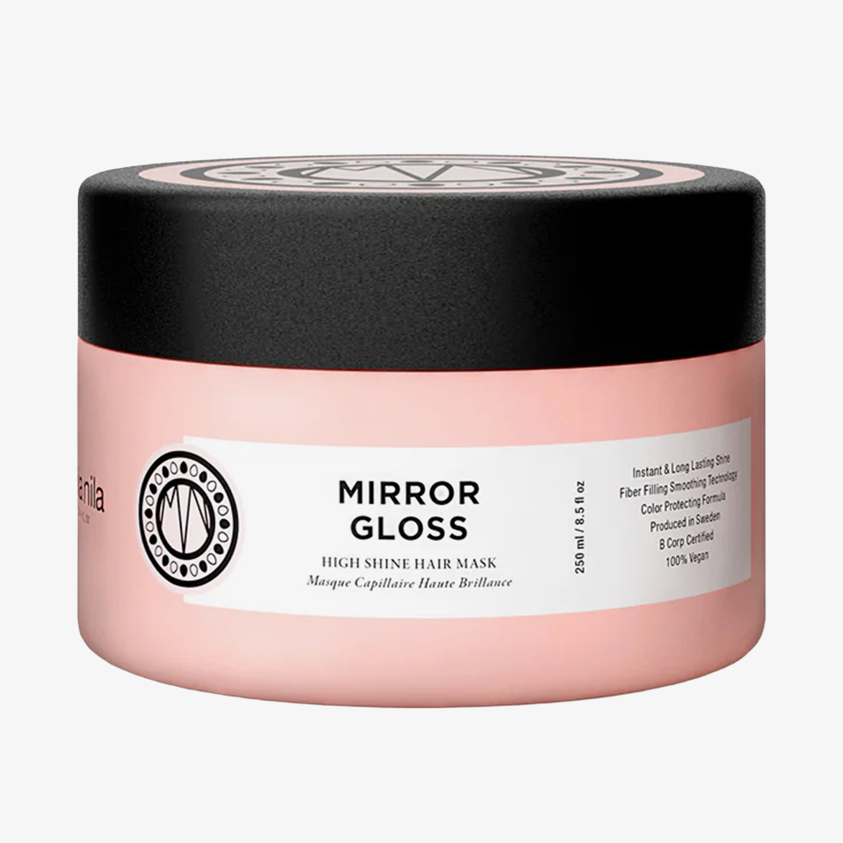 Ein rosa Tiegel der „Maria Nila Mirror Gloss Mask“ mit schwarzem Deckel und Produktangaben.