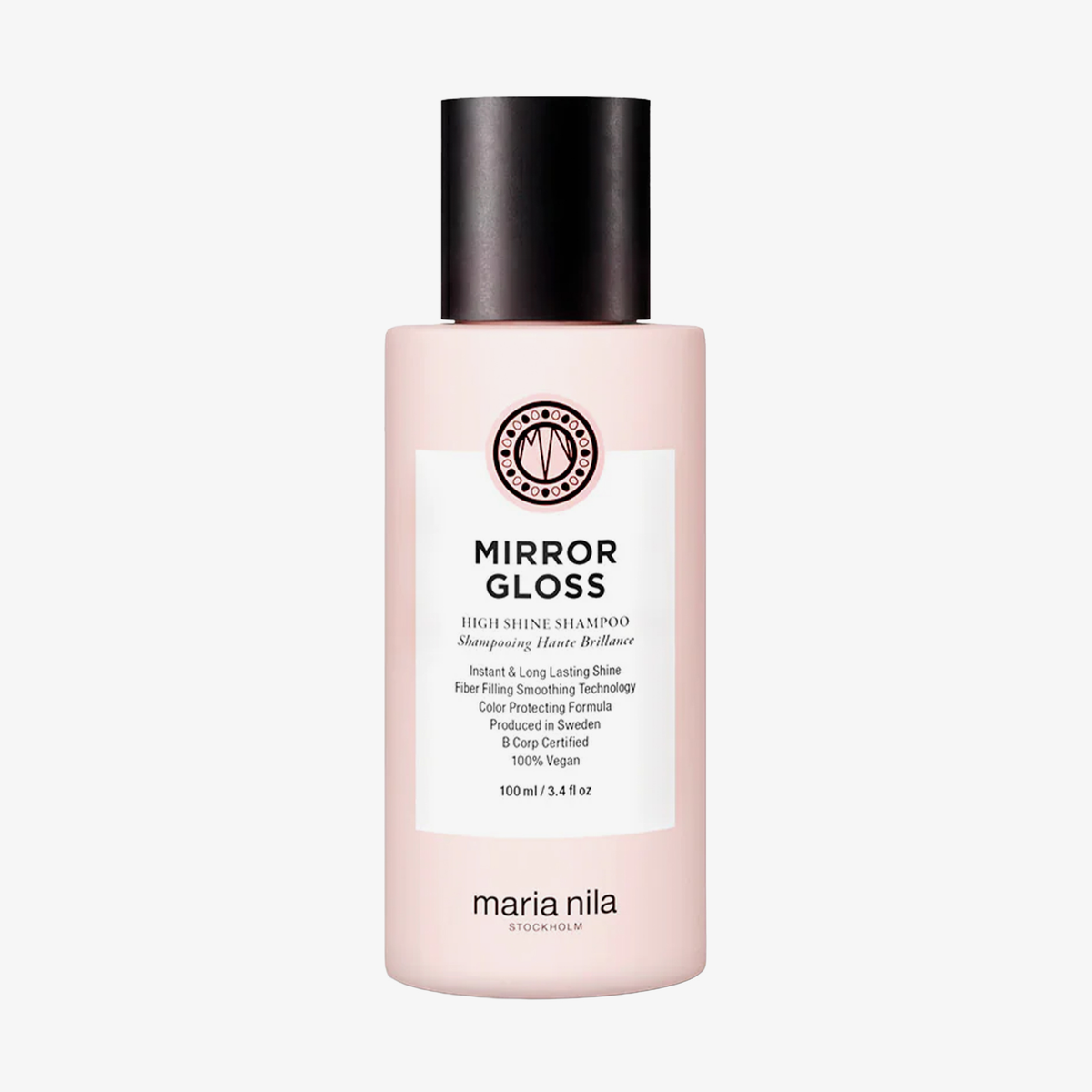 Auf weißem Hintergrund ist eine rosa Flasche „Maria Nila Mirror Gloss Shampoo“ mit schwarzem Verschluss zu sehen.