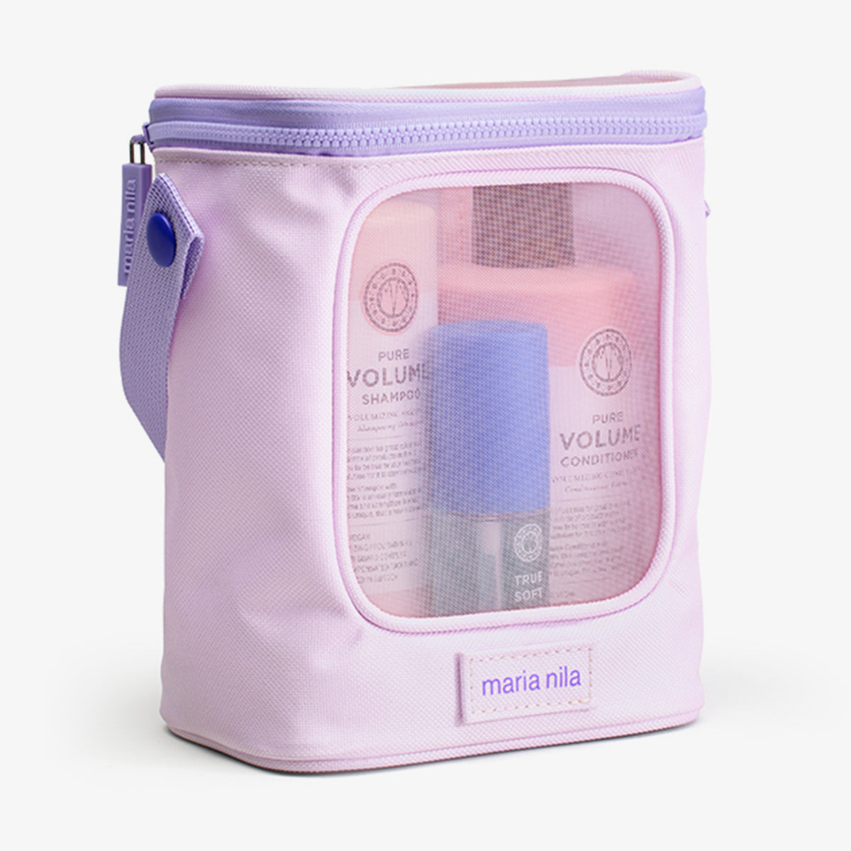 Eckige rosafarbene Pure Volume Beauty Bag 2025 mit Meshfenster enthält Pure Volume Shampoo, Conditioner und Argan Oil von Maria Nila.