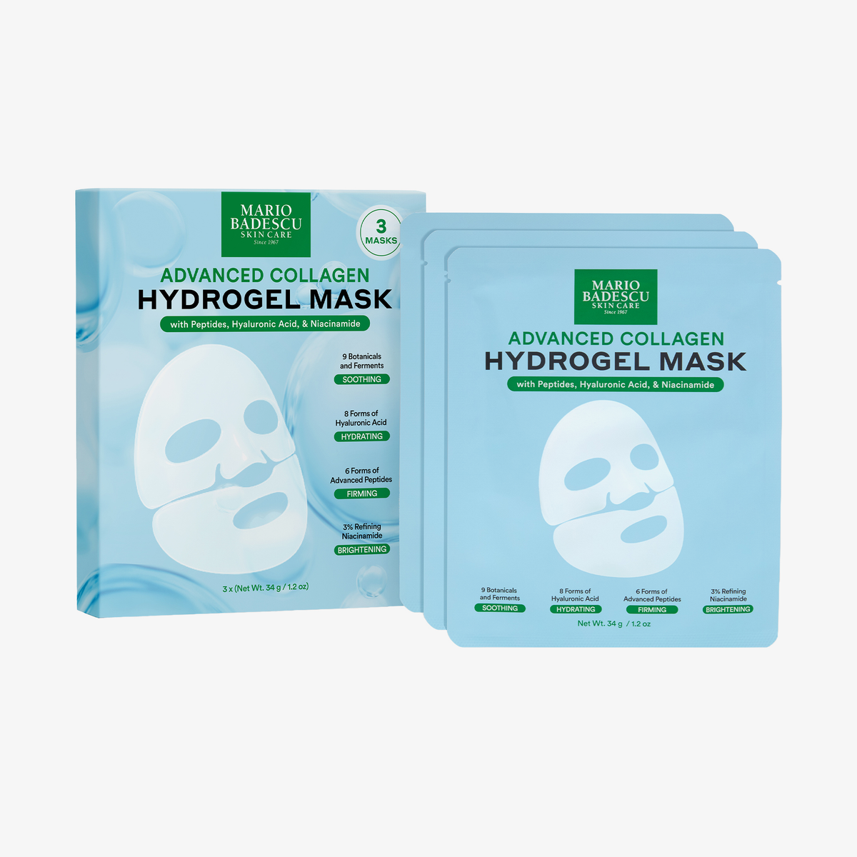 Mario Badescu Advanced Collagen Hydrogel Mask 3er Pack mit Schachtel und drei nebeneinander liegenden Maskenpaketen.