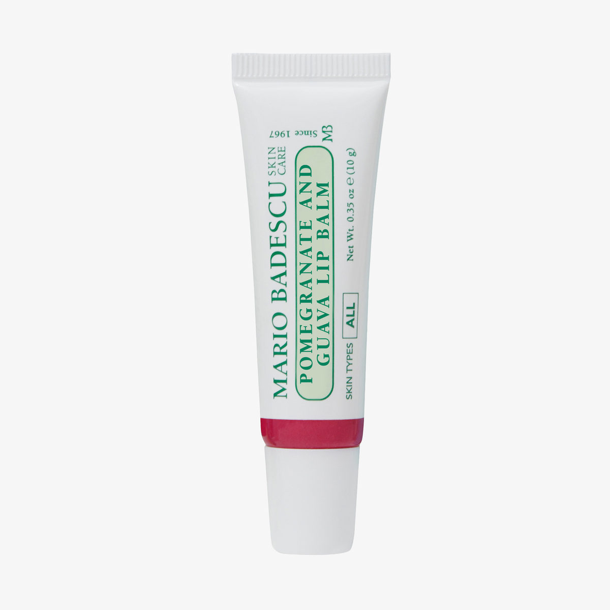 Eine Tube Mario Badescu Lippenbalsam Wassermelone und Basilikum auf weißem Hintergrund.