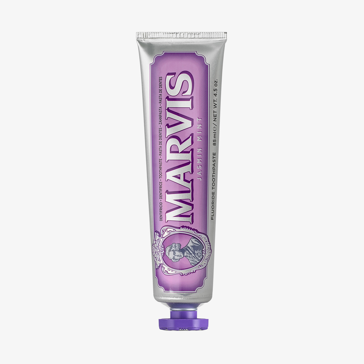 Eine Tube Marvis Zahnpasta Jasmin Mint mit lila Verschluss und Etikett auf weißem Hintergrund.