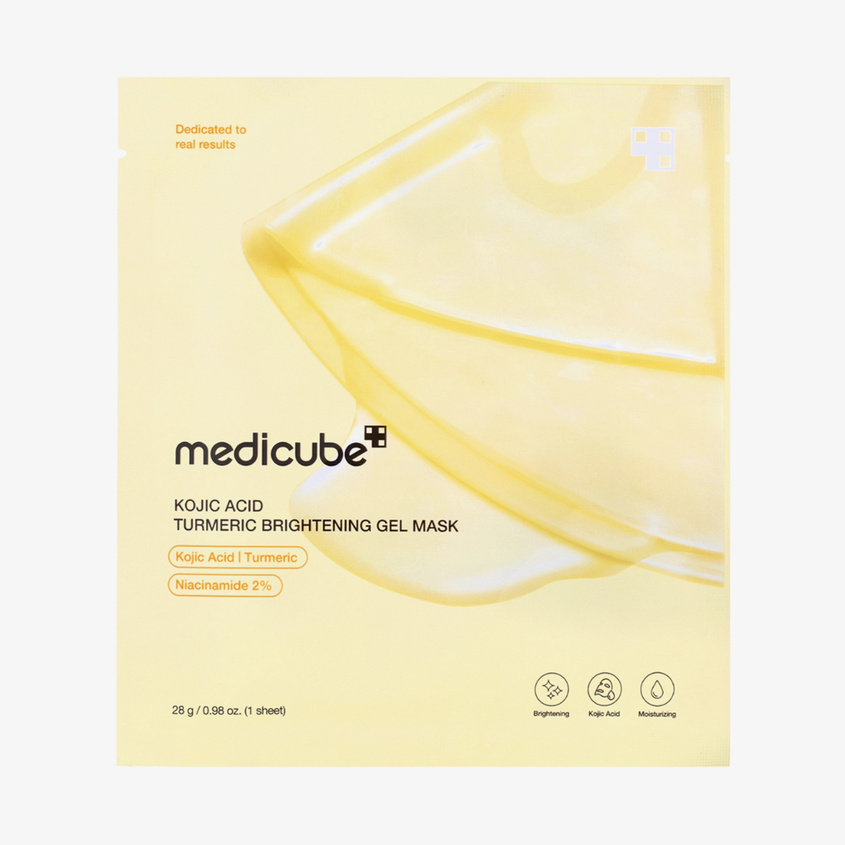 Auf der Verpackung der gelben Medicube-Gelmaske mit Kojisäure und Kurkuma zur Hautaufhellung sind Symbole und Textangaben zu den wichtigsten Inhaltsstoffen abgebildet.