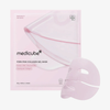 Eine Packung „Medicube PDRN Pink Collagen Gel Mask“ mit der dazugehörigen, daneben ausgebreiteten Gelmaske.