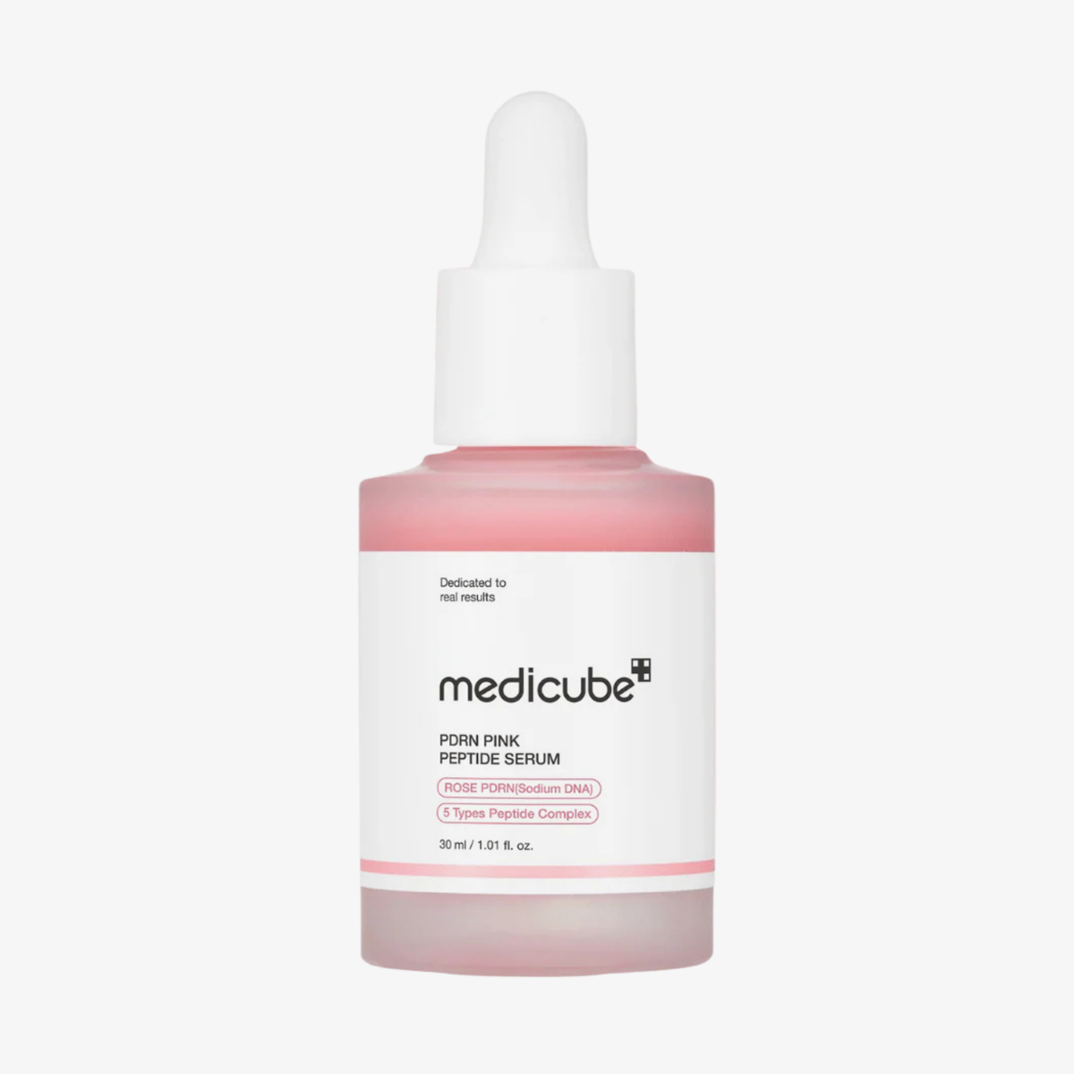 Eine rosa Flasche „medicube PDRN Pink Peptide Serum“ mit einer weißen Tropfkappe, beschriftet mit der Angabe „Peptidkomplex“.