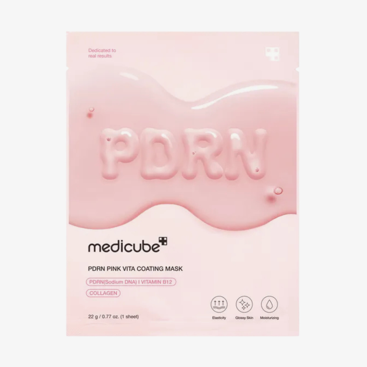 Die Verpackung der „Medicube PDRN Pink Vita Coating Mask“ mit glänzender Oberfläche hebt Kollagen, Vitamin B12 und den auffälligen PDRN-Schriftzug hervor.