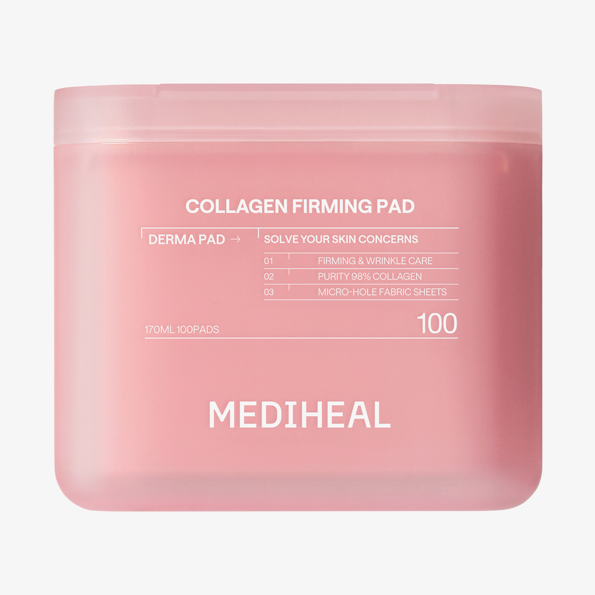 Eine rosa Mediheal Collagen Firming Pad-Verpackung mit weißer Beschriftung enthält 100 Pads.
