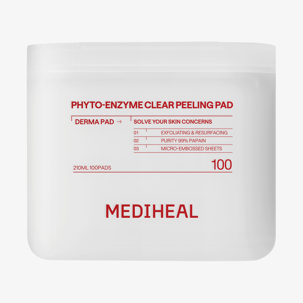 Weißer Behälter für „Mediheal Phyto-Enzyme Clear Peeling Pad“ mit roter Beschriftung und Produktangaben auf dem Etikett.