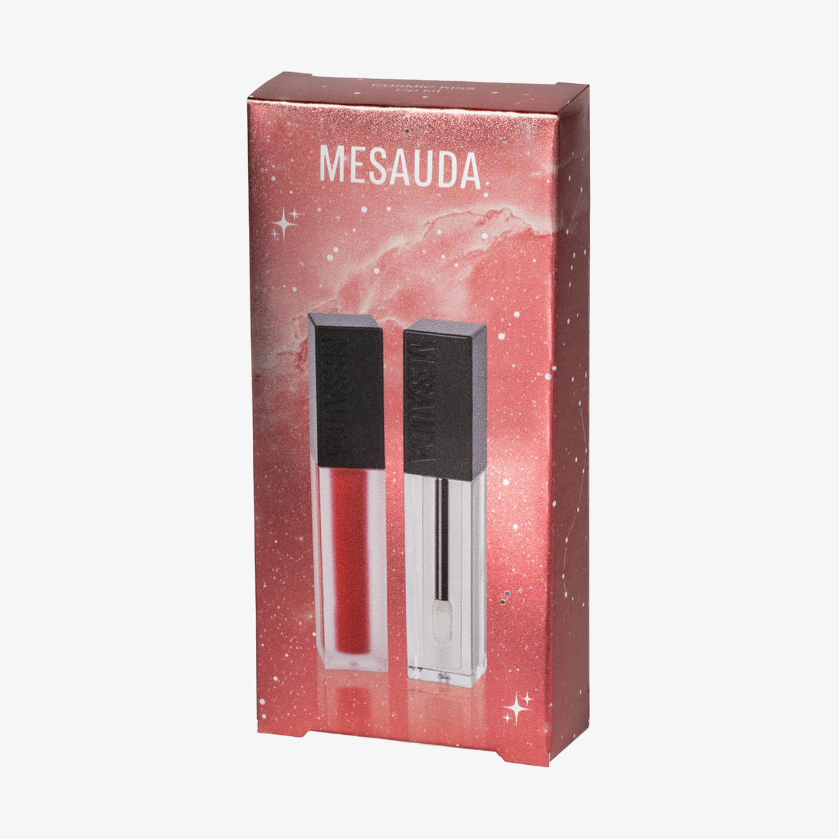 Ein COSMIC KISS CHRISTMAS KIT von Mesauda Beauty mit zwei Lippenprodukten in einer roten, rechteckigen Schachtel mit Sternenmotiv.