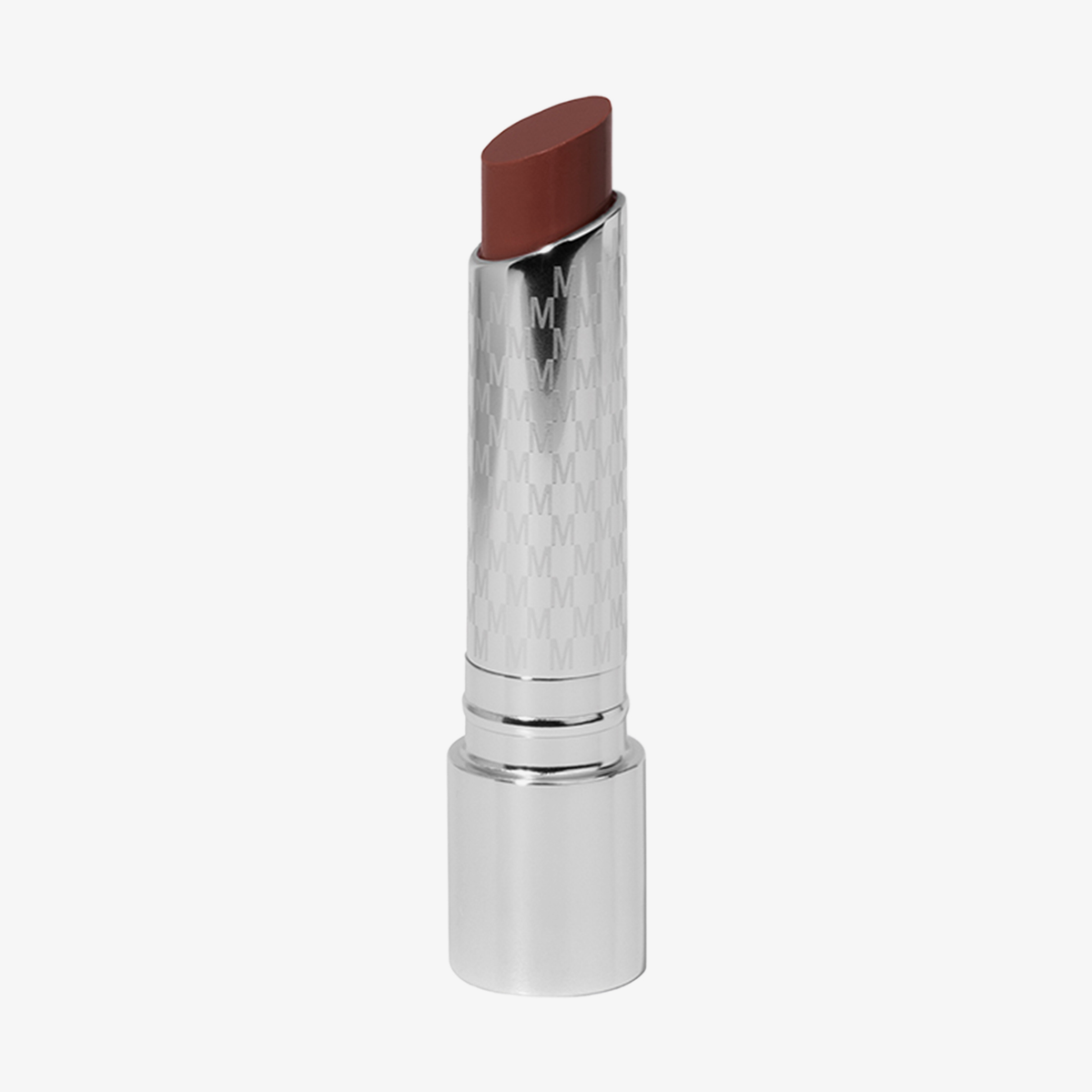 Der Mesauda Milano Hydramorphosis Lippenstift in einer silbernen Tube mit einem braunroten Farbton steht aufrecht auf einem weißen Hintergrund.