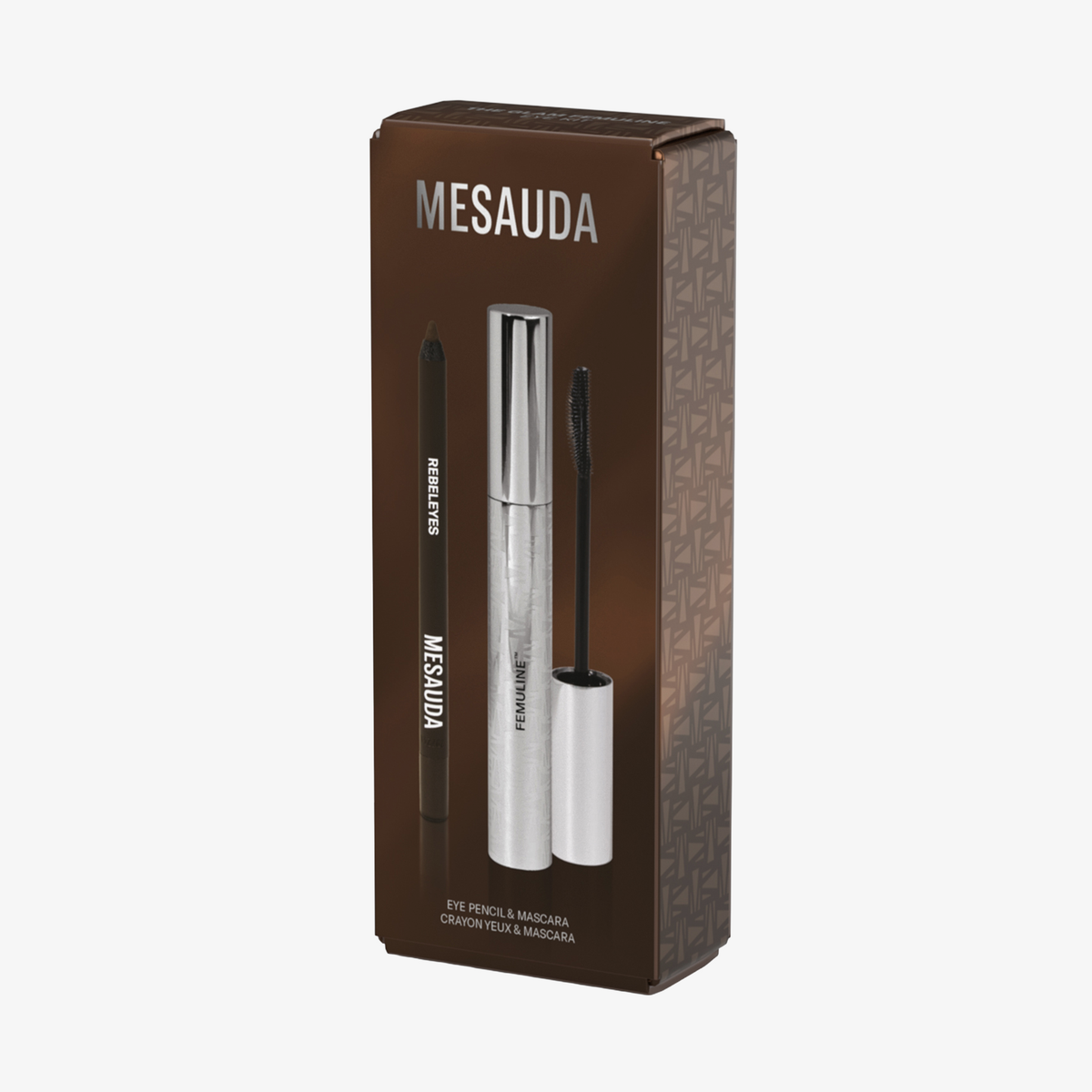 Das GLAM FEMULINE von Mesauda Beauty ist ein Augenstift- und Mascara-Set in einer braun-silbernen Schachtel mit Produktabbildungen auf der Vorderseite.