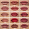 Farbübersicht der Nabla CosmeticsBeyond Blurry Lipstick Kollektion mit 15 matten Lippenstift-Nuancen auf den Lippen dargestellt.