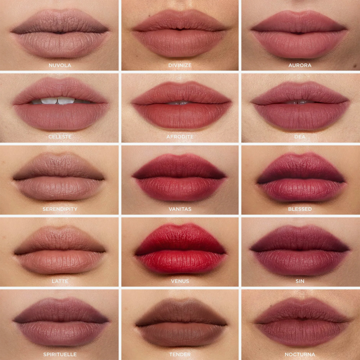 Farbübersicht der Nabla CosmeticsBeyond Blurry Lipstick Kollektion mit 15 matten Lippenstift-Nuancen auf den Lippen dargestellt.