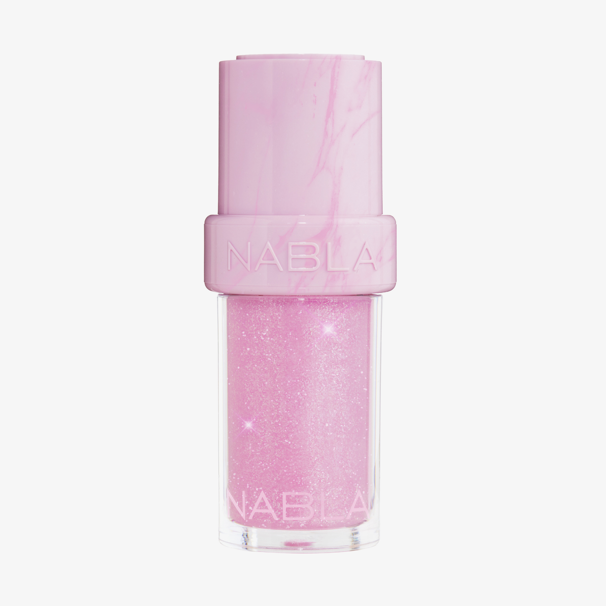 Eine Flasche „Lip Candy Oil“ Bubble Gum von NABLA Cosmetics mit einem rosa marmorierten Verschluss und einem rosa, schimmernden Lipgloss.