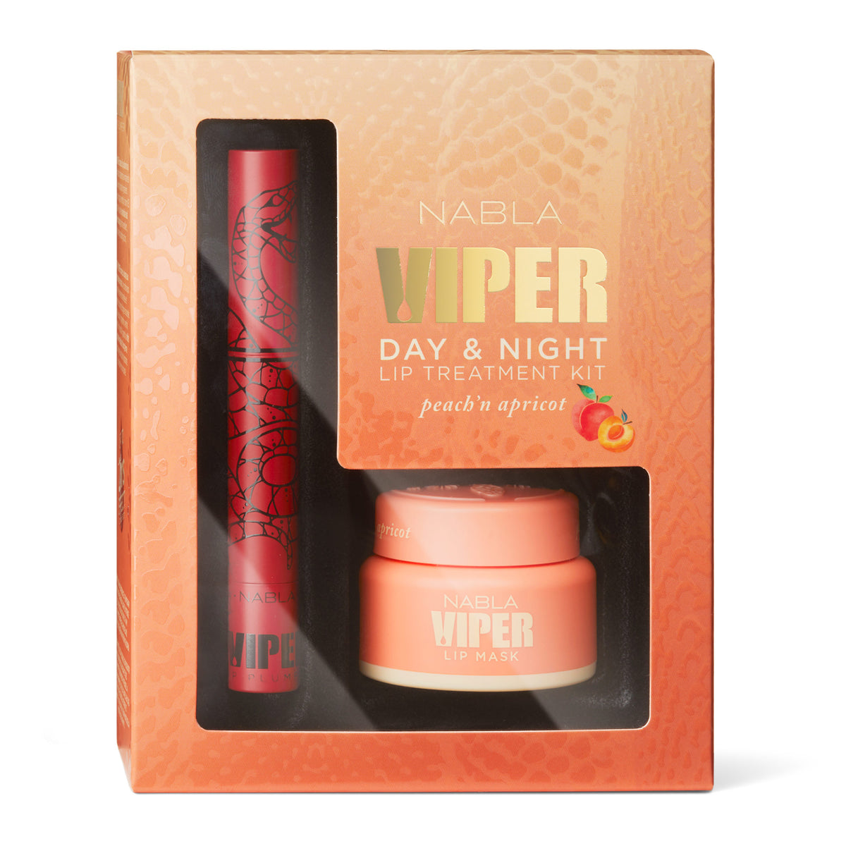 Pfirsichfarbene Verpackung mit transparentem Plastikfenster; darin der Nabla Viper Plumper und die Viper Lip Mask - Peach'n Apricot.