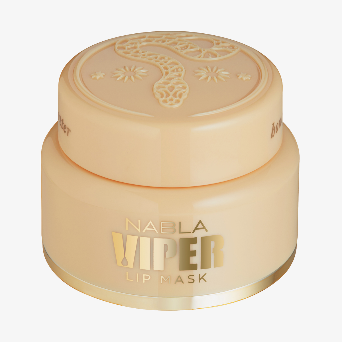 Beige Dose mit Viper Lip Mask – Honey Butter von Nabla, mit goldenen Akzenten und geprägtem Blumen- und Schlangendesign auf dem Deckel.