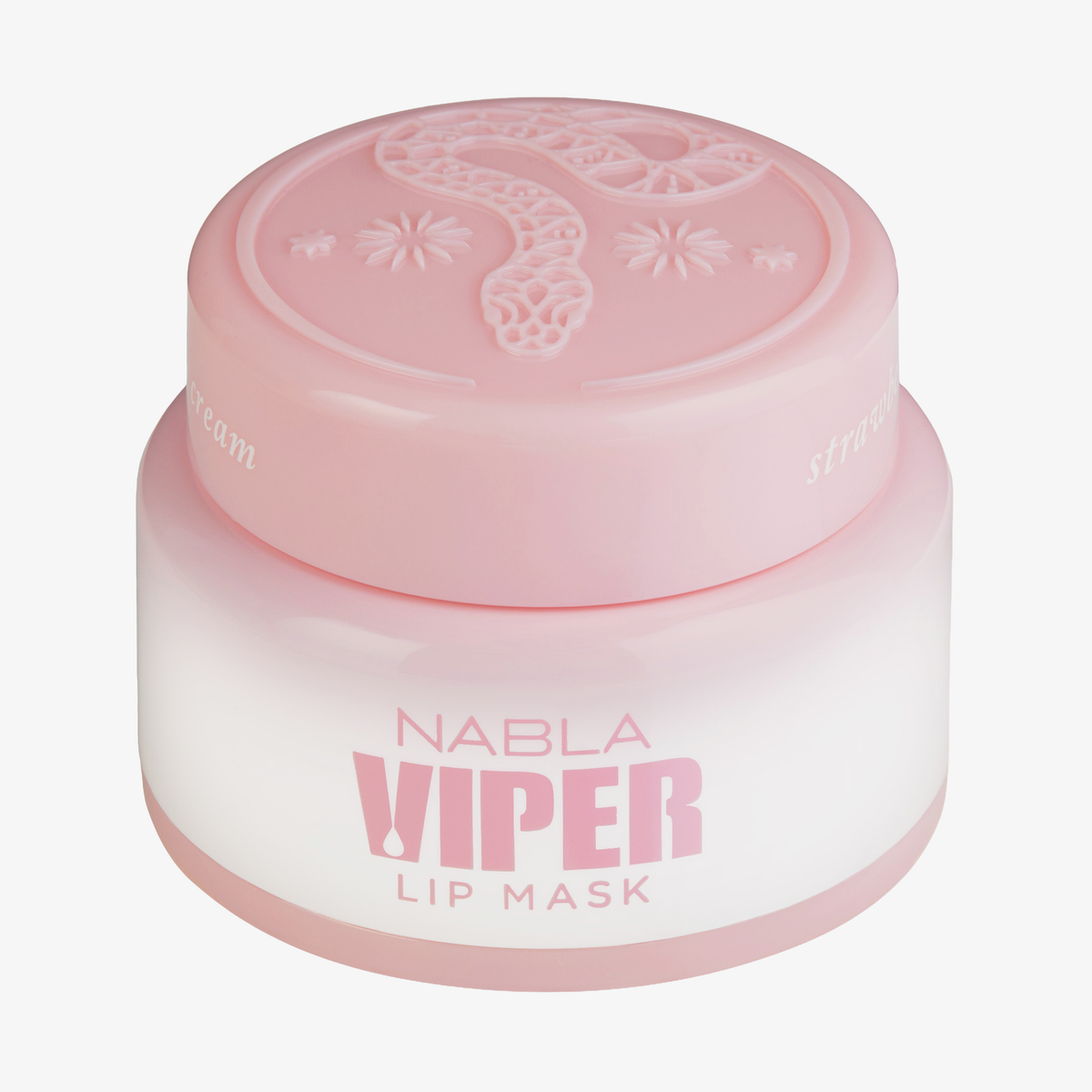 Rosa Dose mit Viper Lip Mask – Strawberry Cream von Nabla, mit rosanen Akzenten und geprägtem Blumen- und Schlangendesign auf dem Deckel.