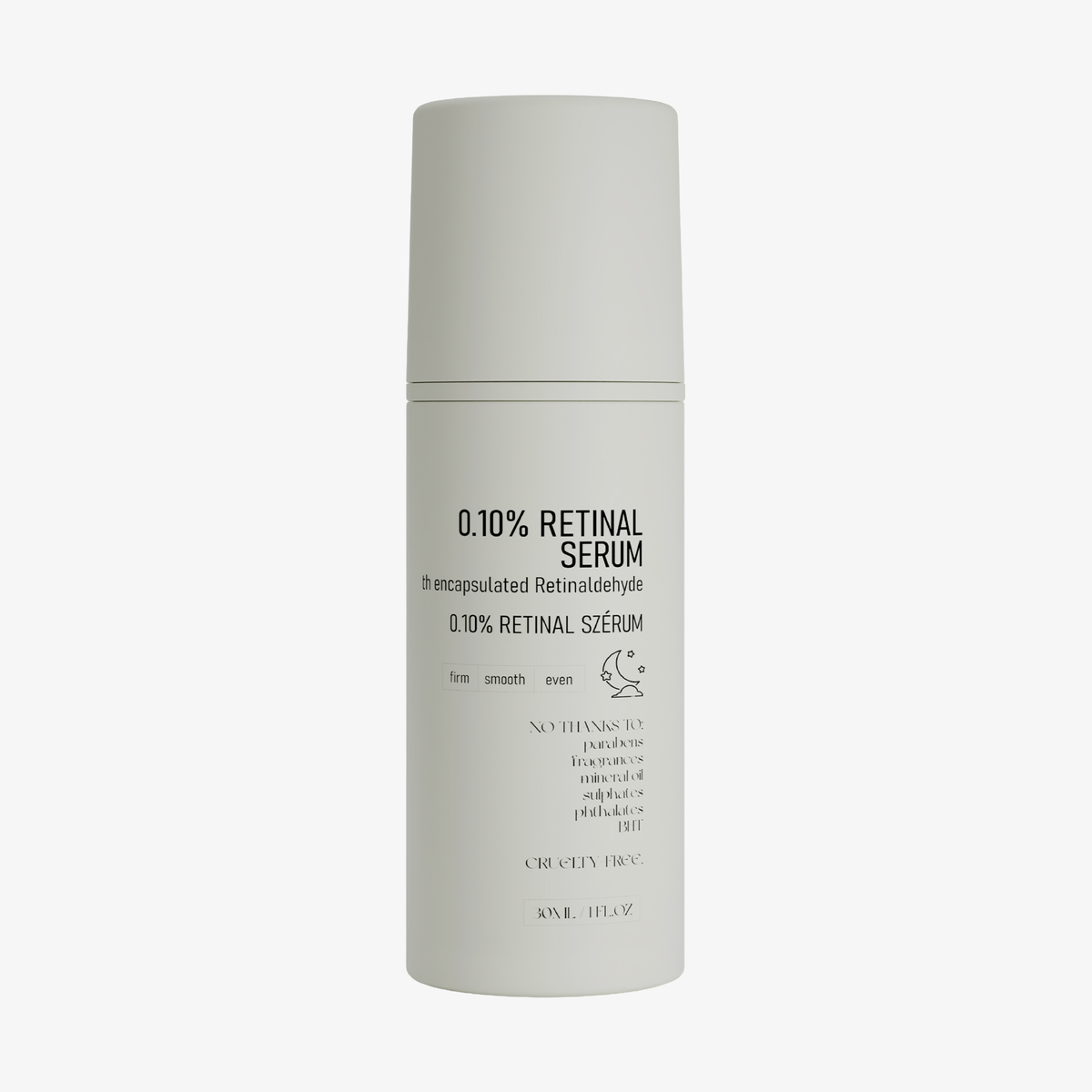 Weiße Flasche von NERDS. 0,10%iges Netzhautserum mit schwarzer Schrift und einem minimalistischen, modernen Design.