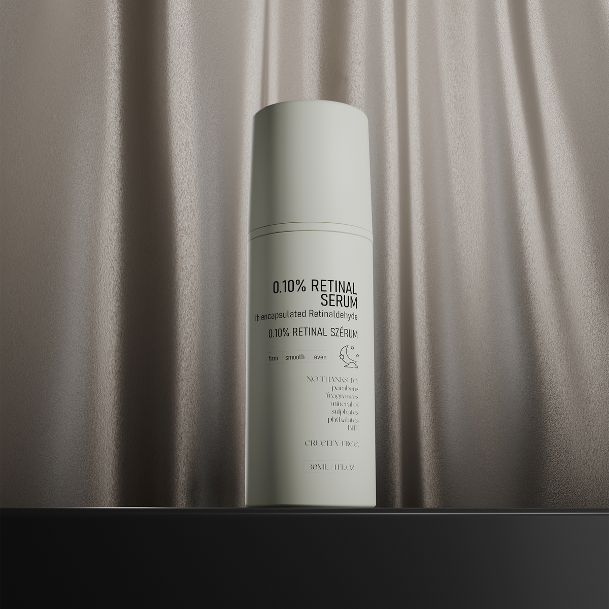 Eine Flasche mit NERDS. 0,10 % Retina-Serum steht auf einer dunklen Oberfläche mit beigefarbenem Satin-Hintergrund.