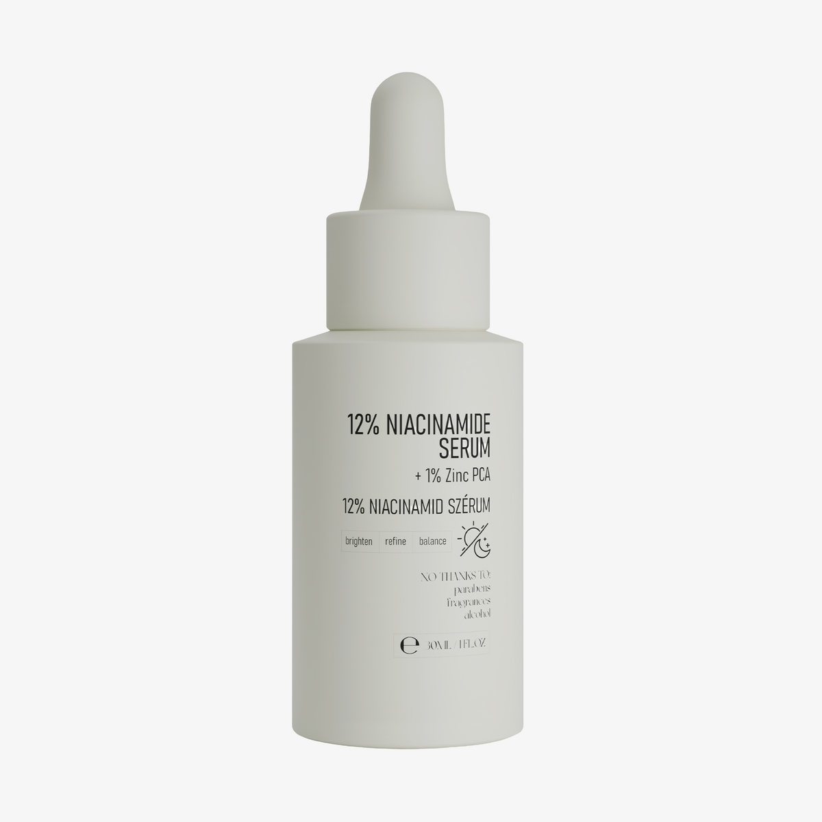 NERDS. 12% Niacinamide + 1% Zinc PCA Serum in einer weißen Tropfflasche auf weißem Grund.