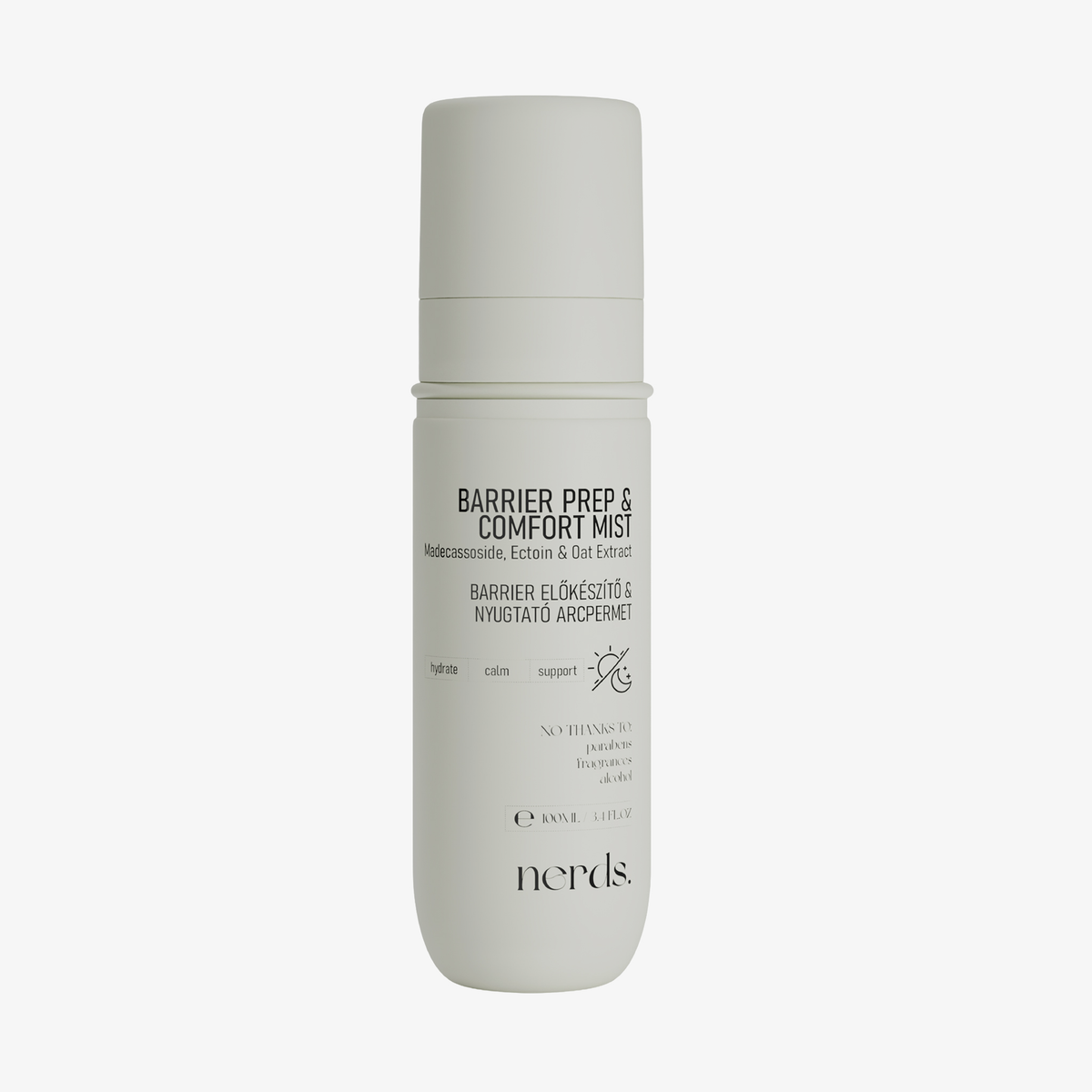 Weiße Flasche mit der Aufschrift NERDS. Barrier Prep & Comfort Mist, mit minimalem Text und einem einfachen Design.