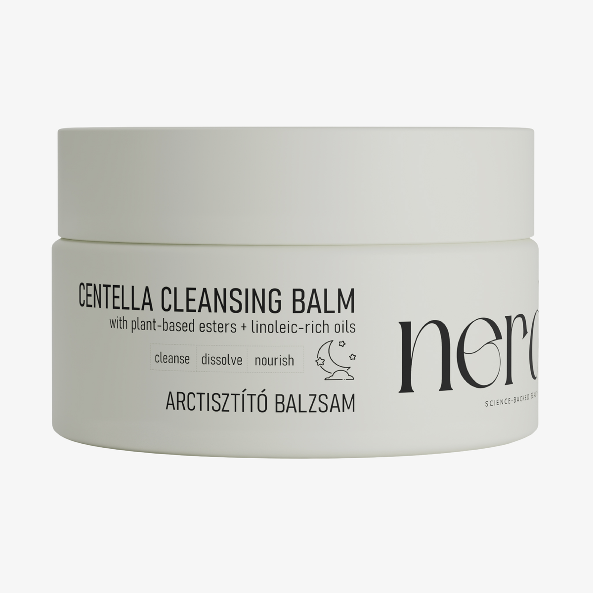 Ein weißer Tiegel mit der Aufschrift NERDS. Centella Cleansing Balm mit schwarzem Text und Produktangaben auf der Vorderseite.