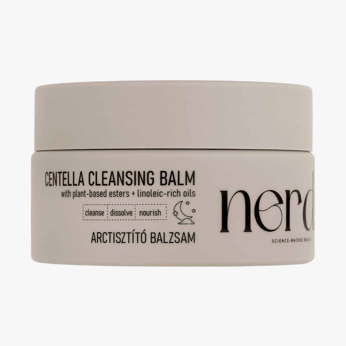 Ein weißer Tiegel mit der Aufschrift "NERDS. Centella Cleansing Balm", mit pflanzlichen Estern und linolsäurereichen Ölen.