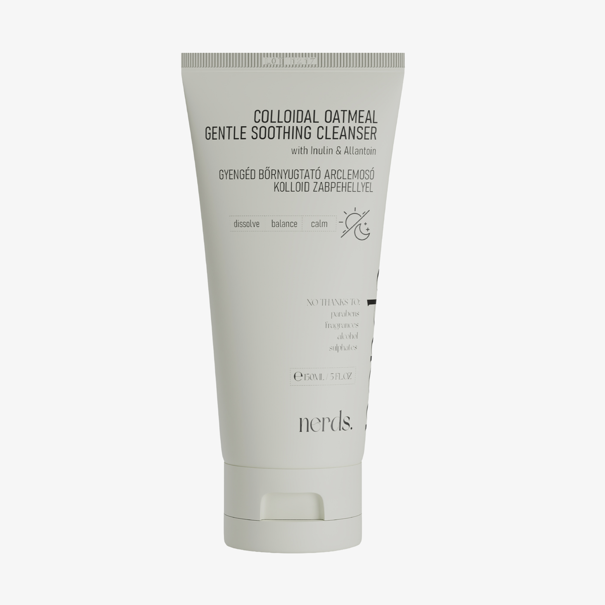 Eine weiße Tube von NERDS. Colloidal Oatmeal Gentle Soothing Cleanser mit Produktinformation auf dem Etikett.