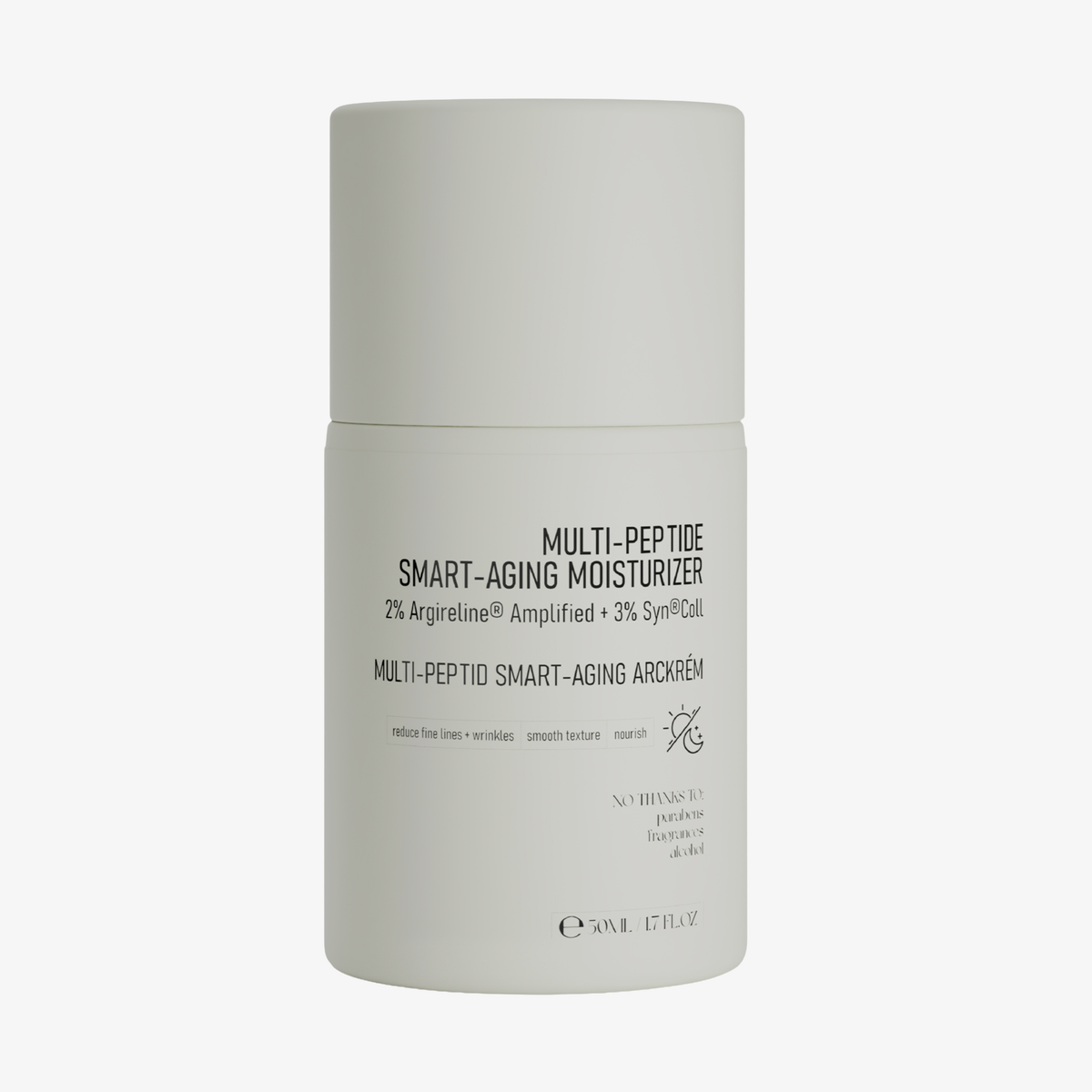 Weiße Flasche mit der Aufschrift NERDS. Multi-Peptide Smart-Aging Moisturizer mit schwarzen Produktangaben.