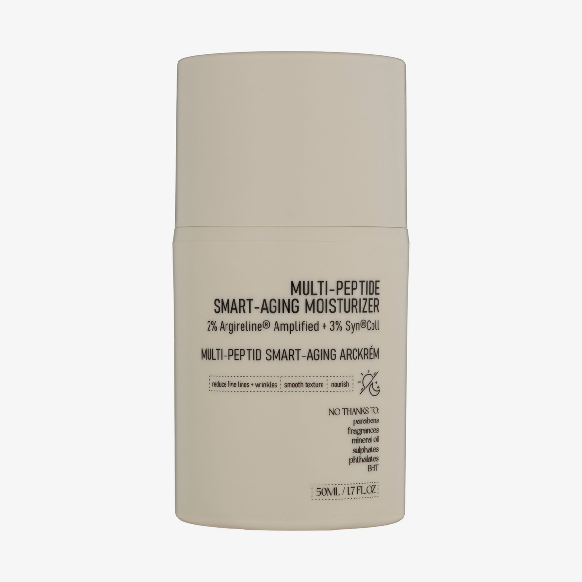 Eine beigefarbene Flasche mit der Aufschrift NERDS. Multi-Peptide Smart-Aging Moisturizer, mit Anti-Aging-Wirkung.