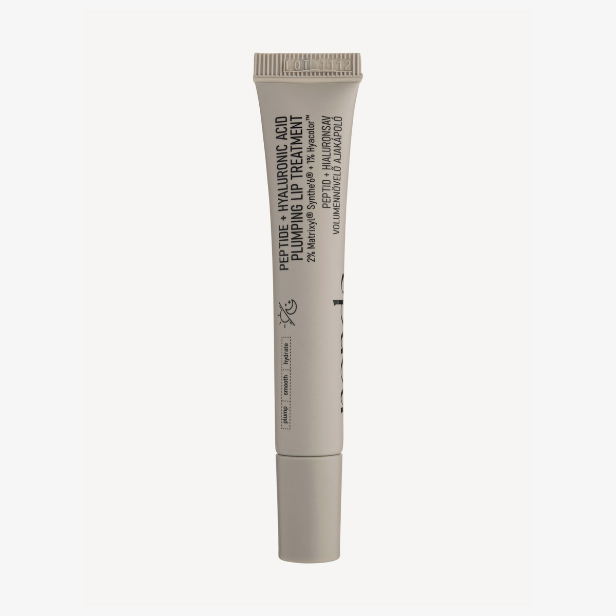 Eine beigefarbene Tube von NERDS. Peptide + Hyaluronic Acid Lip Treatment Original ist auf einem weißen Hintergrund abgebildet.