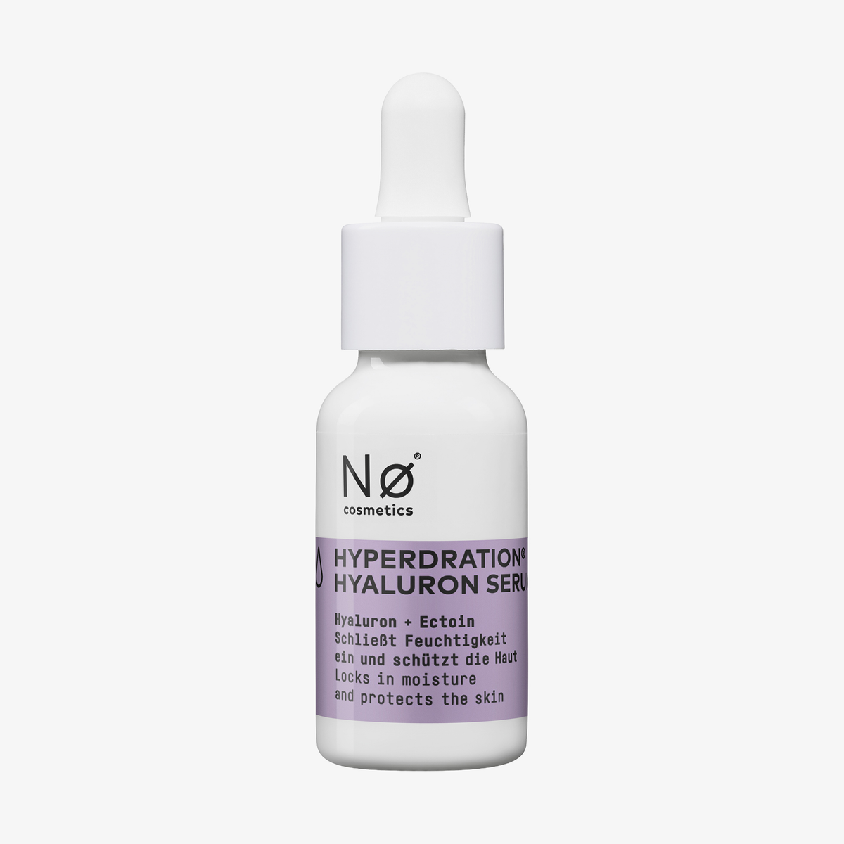 Eine weiße Tropfflasche von Nø Cosmetics Hyperdration® Hyaluron Serum auf weißem Hintergrund.