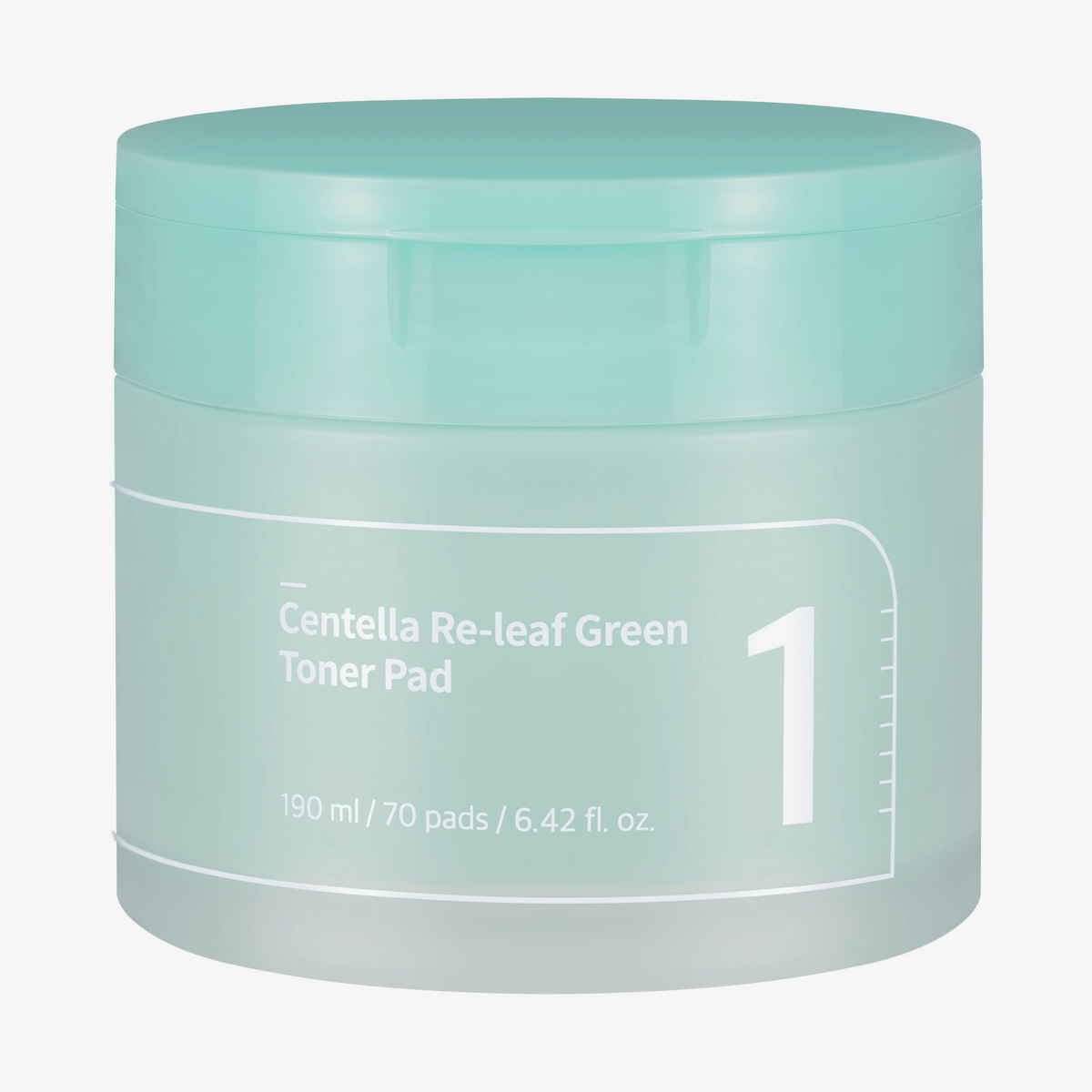 Minzgrüner runder Behälter mit der Aufschrift numbuzin No.1 Centella Re-Leaf Green Toner Pad, 190 ml, 70 Pads.