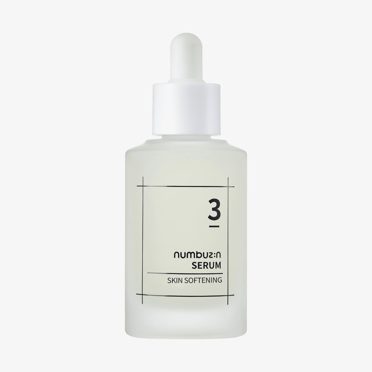 Eine mattierte Tropfflasche mit dem Hautpflegeserum „Numbuzin Nr. 3“ vor weißem Hintergrund.