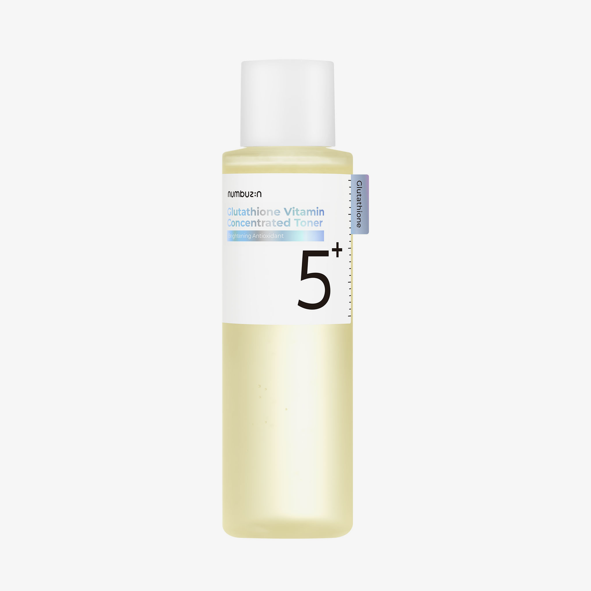 Klare Flasche Numbuzin No.5 Glutathione Vitamin Toner mit weißem Deckel und Etikett, gefüllt mit leicht gelblicher Flüssigkeit für strahlende Hautpflege.