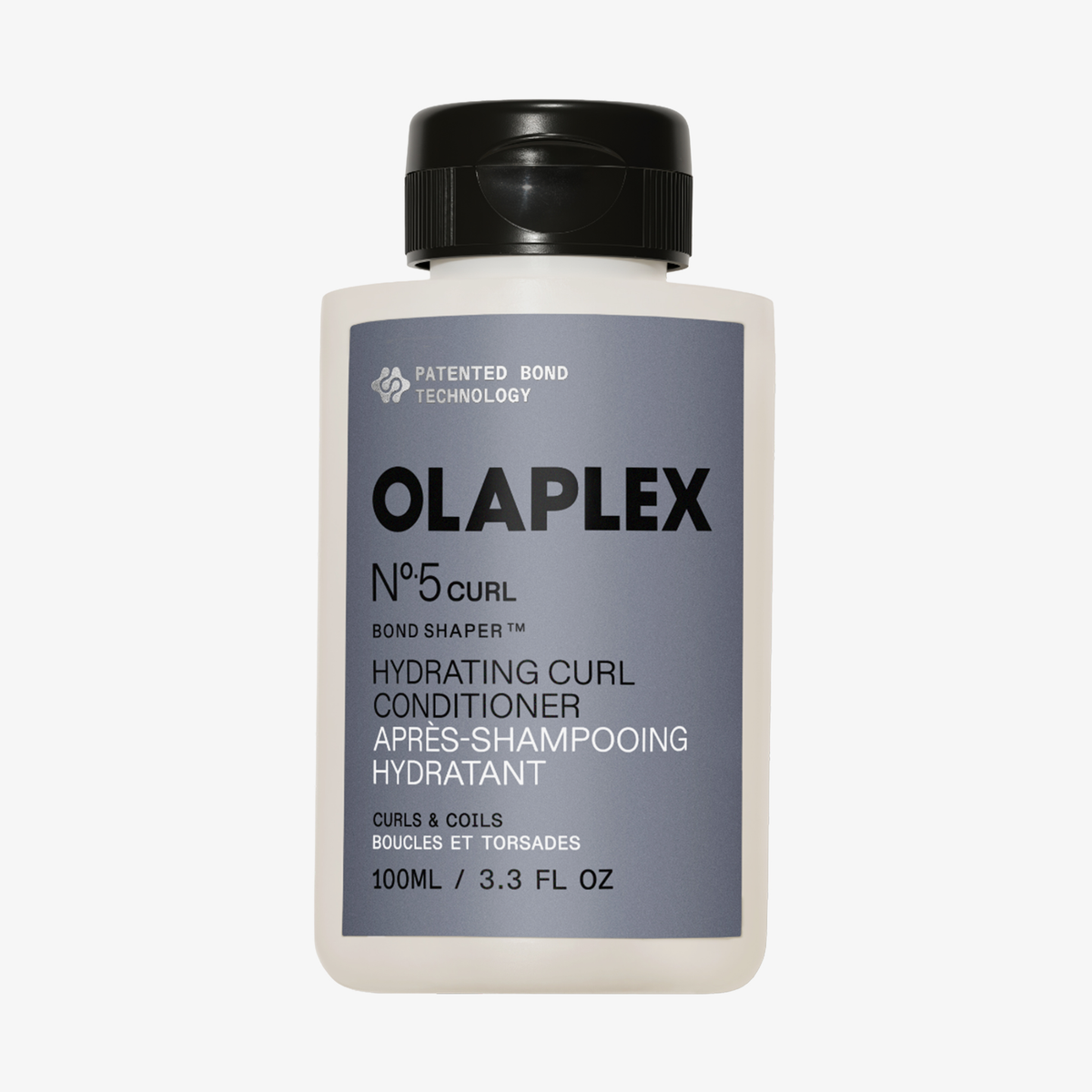 Eine 100-ml-Flasche OLAPLEX N°5 CURL Bond Shaper Hydrating Curl Conditioner mit grauem Etikett und schwarzem Verschluss.