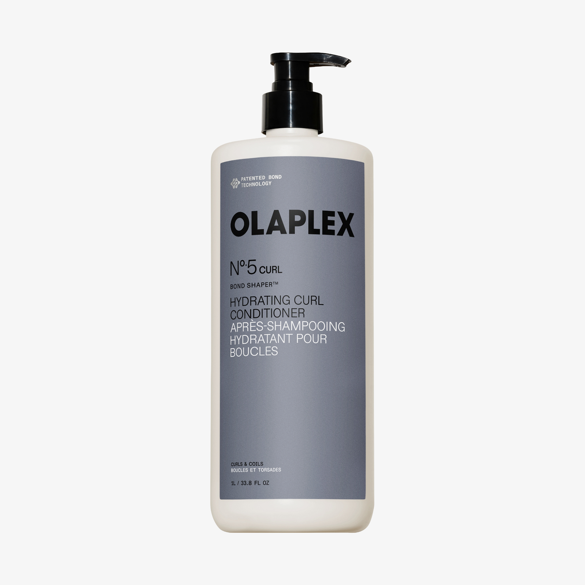 OLAPLEX N°5 CURL Bond Shaper – feuchtigkeitsspendender Locken-Conditioner mit Pumpe und grauem Etikett auf weißem Hintergrund.