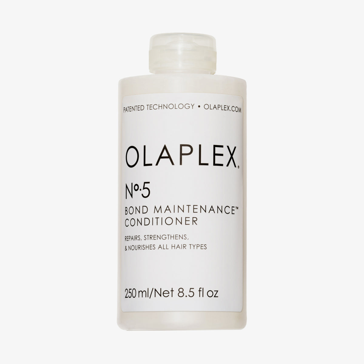 Eine 250-ml-Flasche N°5 Bond Maintenance Conditioner mit weißem Etikett und schwarzem Text vor weißem Hintergrund.