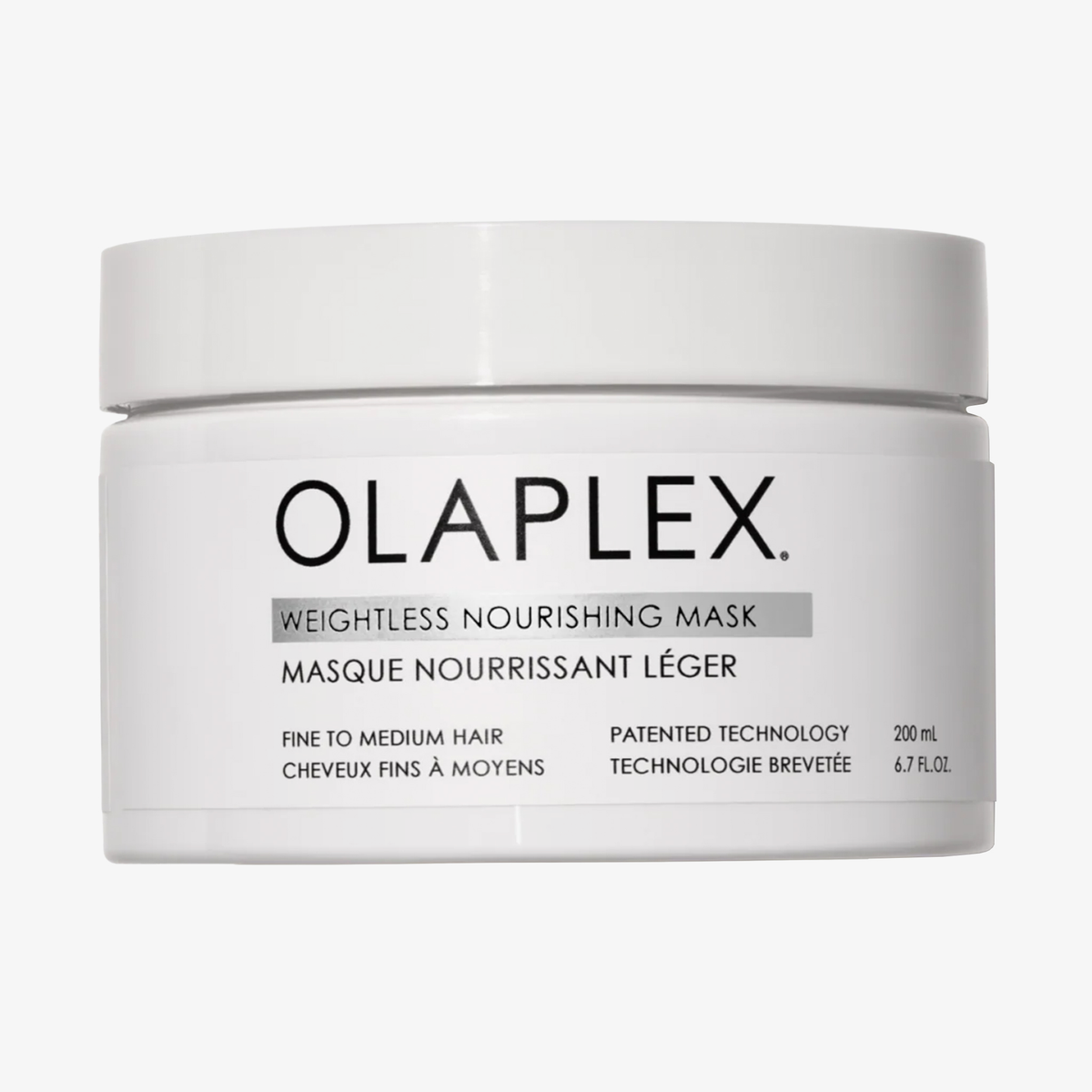 Weißer Tiegel der OLAPLEX Weightless Nourishing Mask in 200ml für feines bis mittleres Haar.