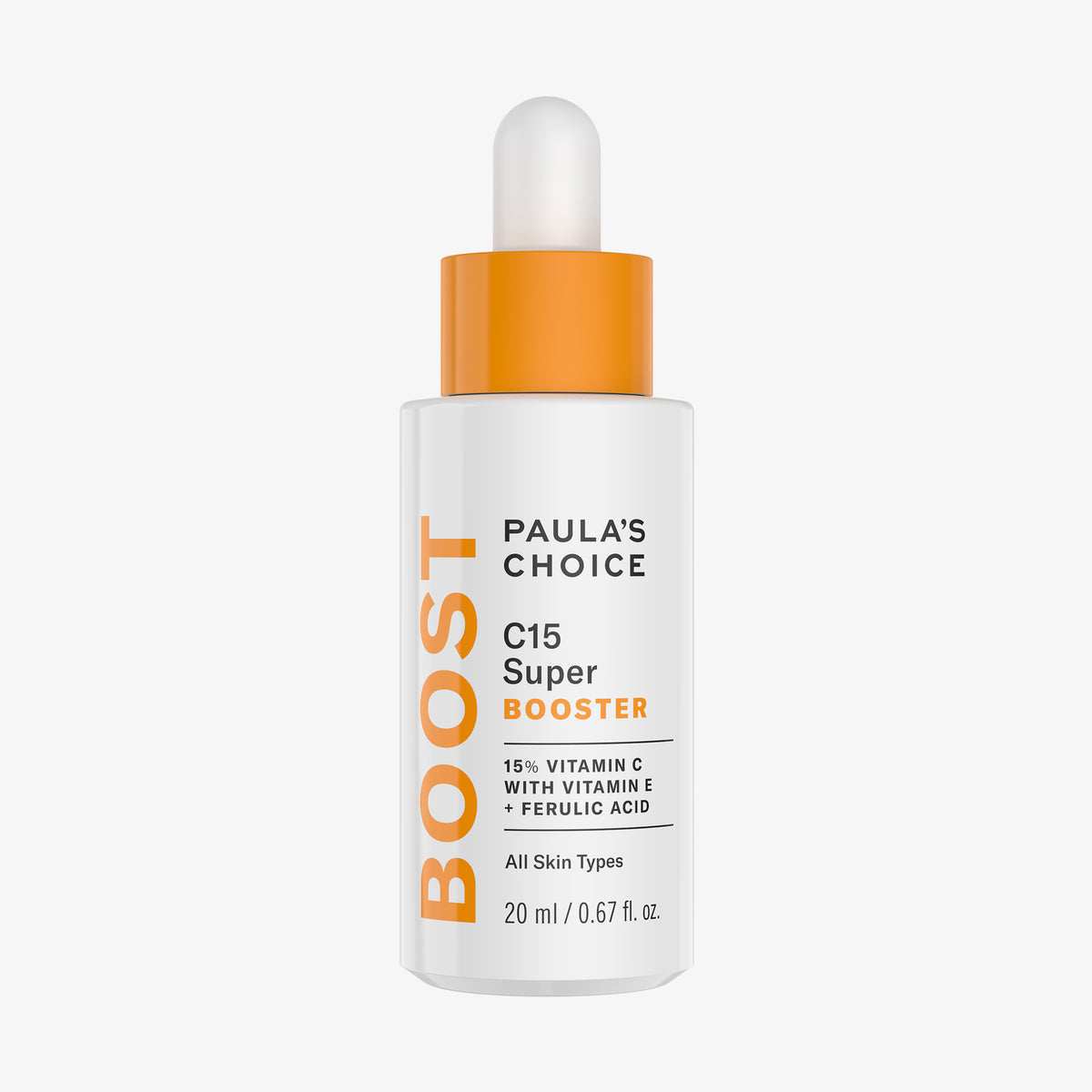 Eine Tropfflasche mit C15 Super Booster und orange-weißer Beschriftung auf weißem Hintergrund.