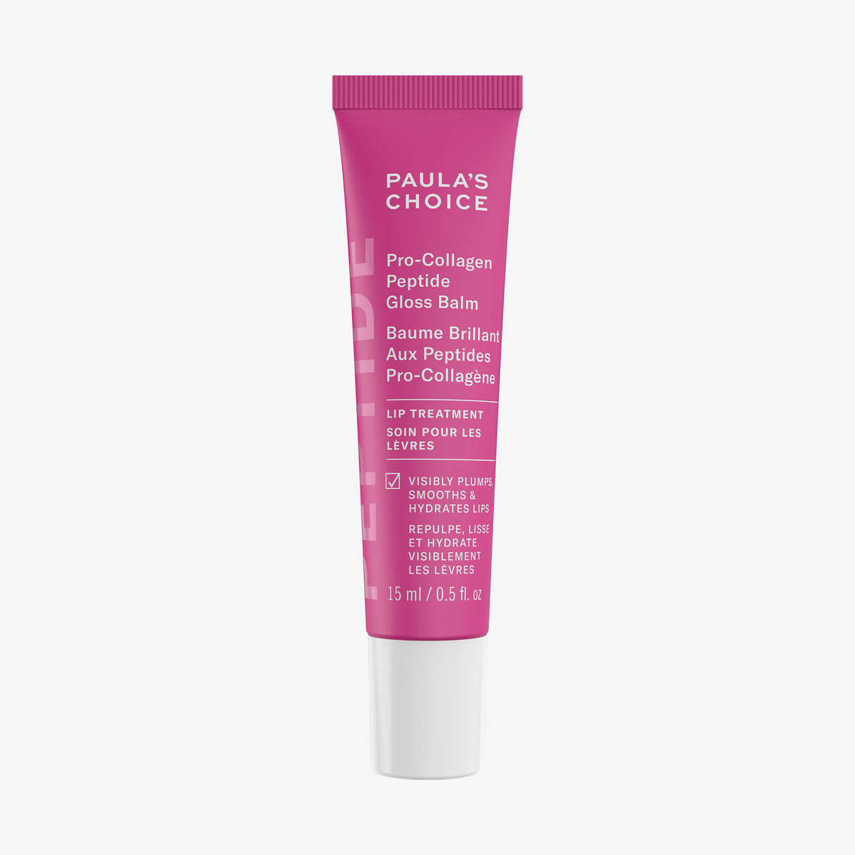 Eine rosafarbene 15-ml-Tube Paula's Choice Pro-Collagen Peptide Gloss Balm mit weißem Deckel.