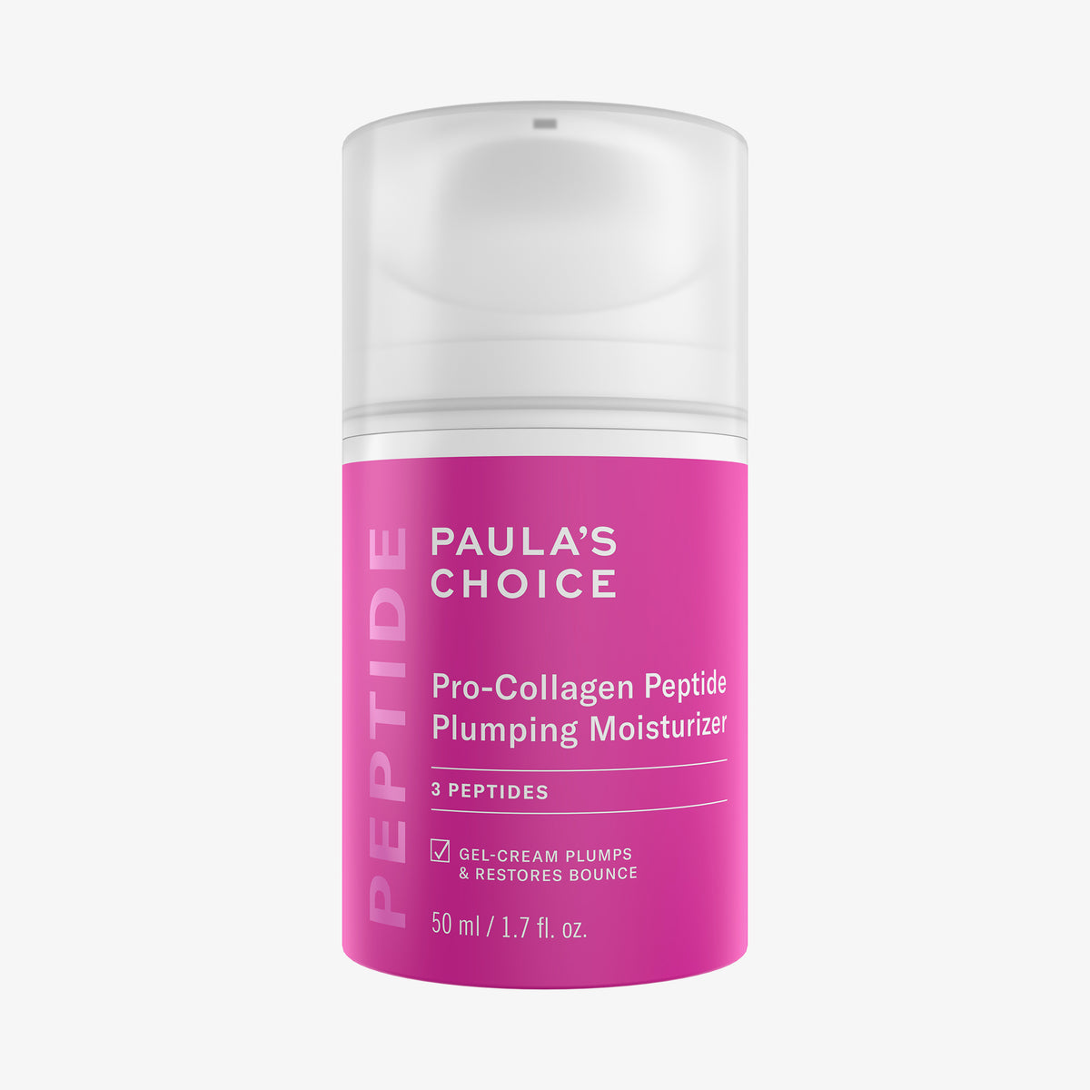 Eine pinke Flasche Paula's Choice Pro-Collagen Peptide Plumping Feuchtigkeitscreme mit weißer Pumpe und transparentem Deckel.