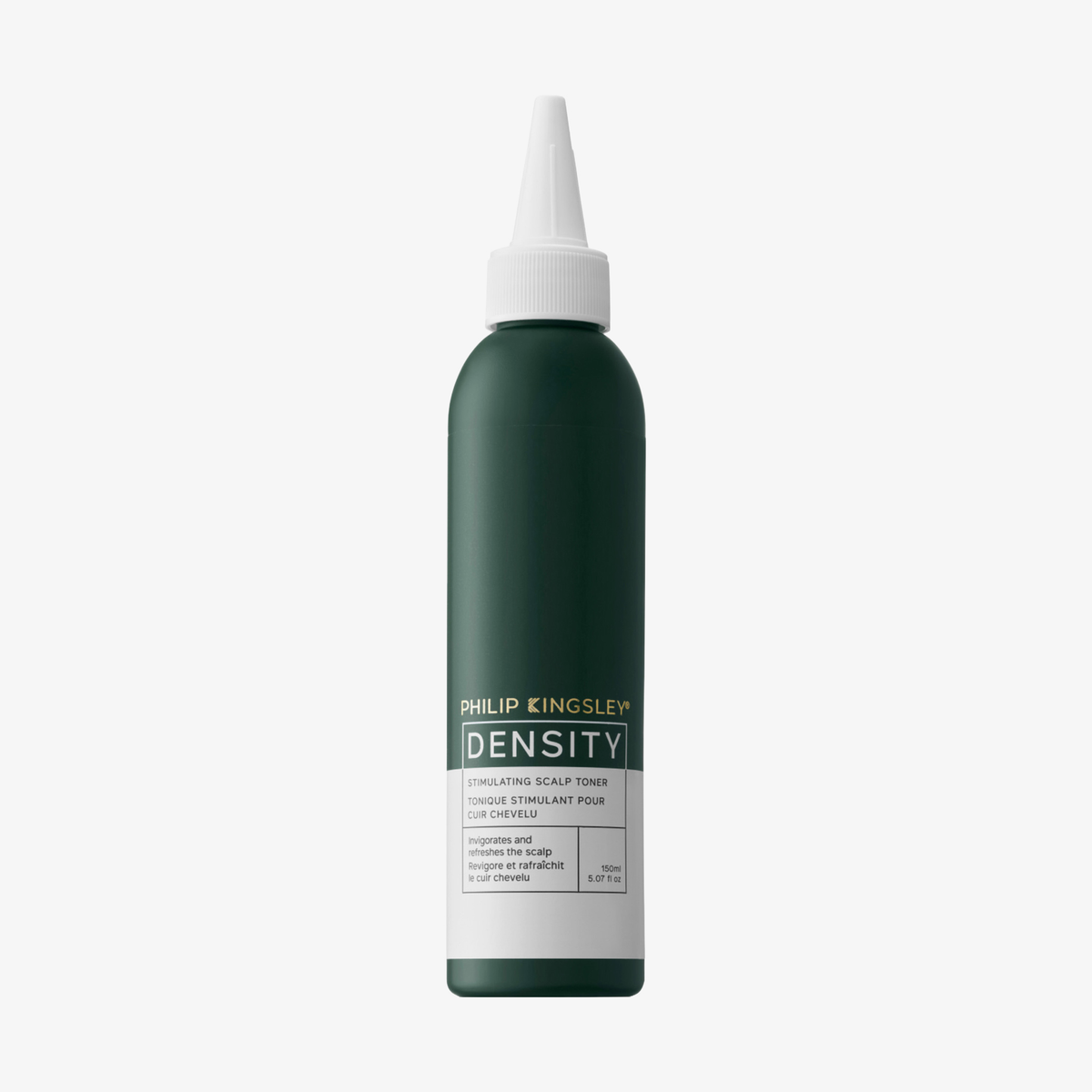 Eine grüne Flasche des „Philip Kingsley Density Stimulating Scalp Toner“ mit einem weißen, spitzen Verschluss vor einem einfarbigen Hintergrund.